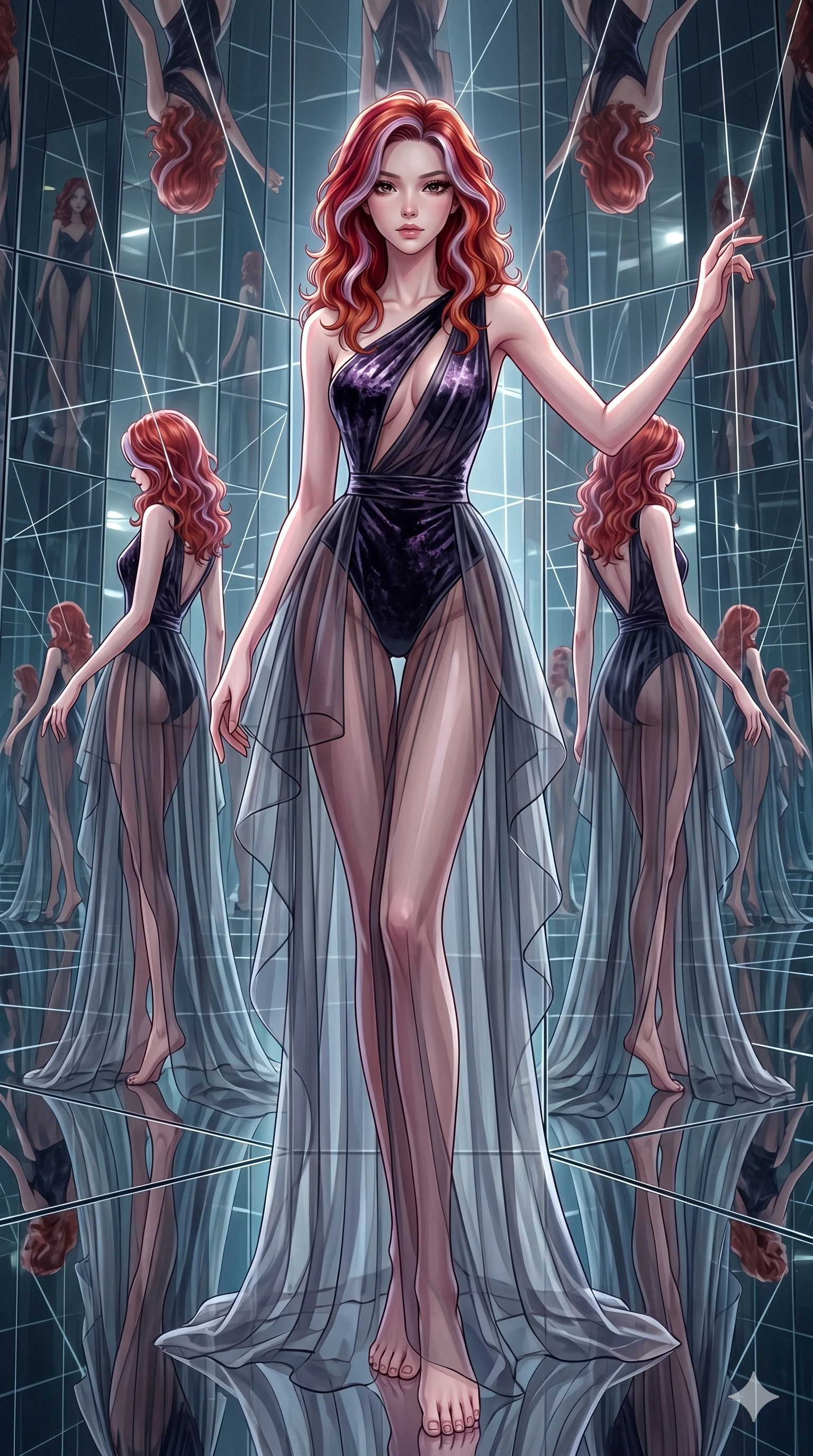 score_9, masterpiece, best quality, ultra-detailed, High-budget Anime Keyframe, East Asian woman. Dynamic full-body shot stretching the vertical silhouette to the limit. Scenario 236: Suspended by invisible silk threads in a hall of mirrors. Her presence is magnetic and overpowering in this high-budget anime scene. Outfit 236: A crushed dark velvet mesh with a low-cut shoulder and translucent layers. The clothing is designed to emphasize her exceptionally tall and slender 8-heads proportion. 8-heads proportion, towering silhouette, ultra-slim waist. sharp v-shaped jawline, intricate jewel-like eyes with depth, thick eyelashes, glossy lips. 2k, ultra detail, master piece, 9:16 ratio