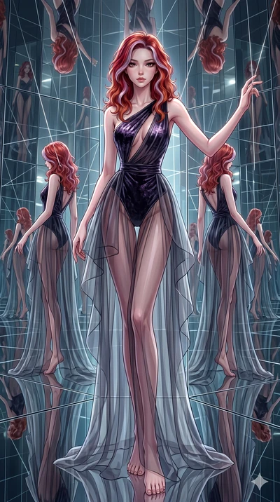 score_9, masterpiece, best quality, ultra-detailed, High-budget Anime Keyframe, East Asian woman. Dynamic full-body shot stretching the vertical silhouette to the limit. Scenario 236: Suspended by invisible silk threads in a hall of mirrors. Her pres