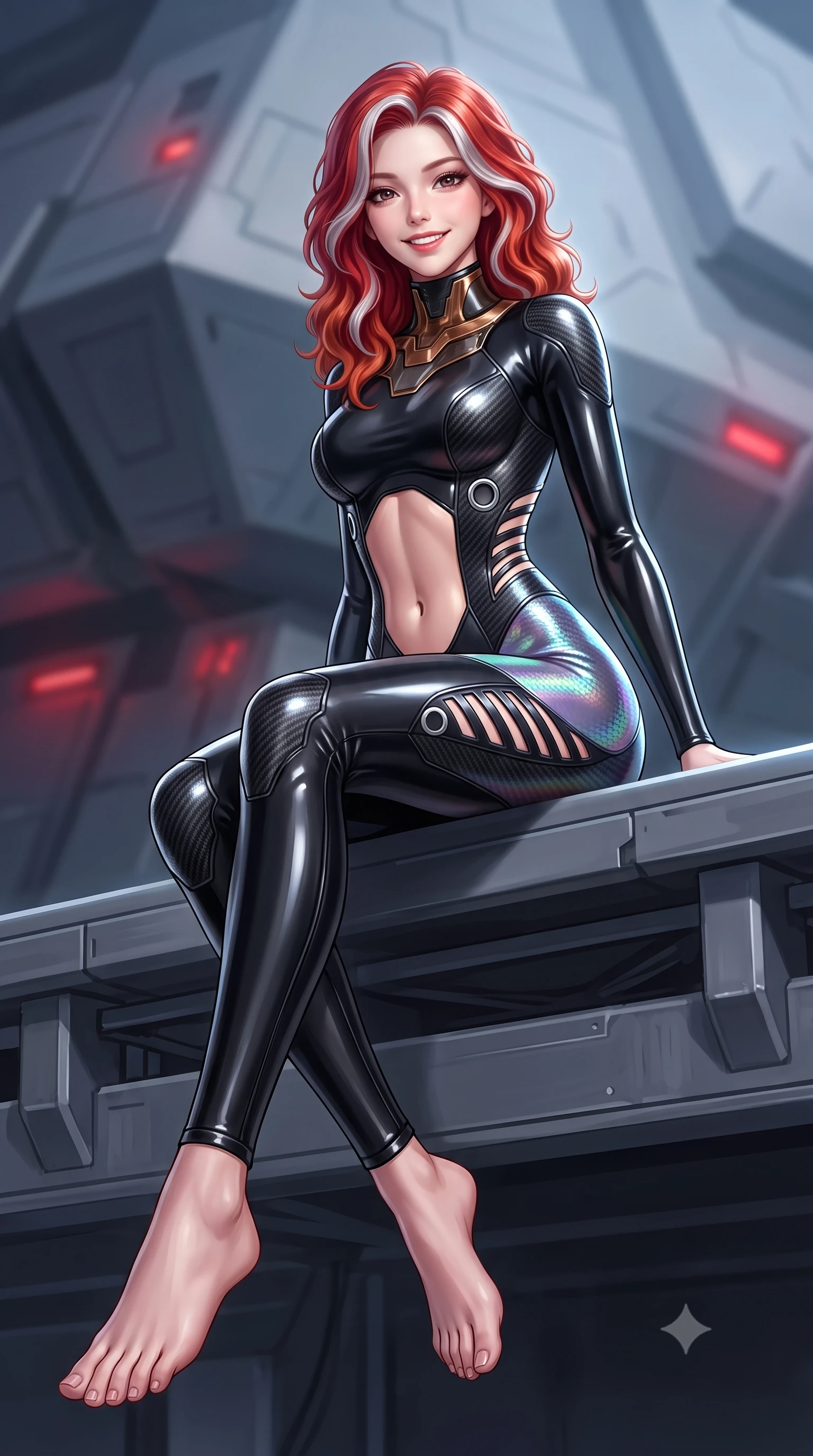 score_9, masterpiece, best quality, ultra-detailed, high-budget anime keyframe, semi-realistic 3D game render, editorial fashion photography, tasteful artistic composition, Caucasian woman. low angle full-body shot from head to toe showing her feet, filling the entire 9:16 vertical frame with her statuesque presence, stretching her vertical silhouette. sitting perched on the elevated maintenance gantry edge with legs crossed and hips angled toward the camera, displaying her toned midriff and long slender limbs with joyful, coquettish charm while twisting her slender torso in an alluring contrapposto stance, shimmering hexagonal cloaking waves rippling across her curvy hips and waist. The background shows a soft-focus angular radar-deflecting cruiser bulkheads and low-intensity red tactical lights softened in covert military shallow focus. She has an absolutely perfect, statuesque 8.5-heads proportion, an exceptionally tall and slender model-like female figure with impossibly long slender legs, an ultra-slim waist, a flat toned midriff, narrow delicate ribcage, and beautifully sculpted feminine hips creating a graceful, slim hourglass silhouette without any bulky heaviness. sharp v-shaped jawline, high-bridge nose, intricate jewel-like sparkling eyes with depth, thick eyelashes, glossy parted lips with a natural sheen, bright confident smile with an enchanting and coquettish sensual glint, exuding both youthful magnetic charm and sovereign high-tech allure, flawlessly proportioned anatomical accuracy, strict slender model proportions, natural body alignment, perfectly sculpted long slender limbs, ultra-slim waistline, clean dynamic posture without body distortion. wearing a form-contouring cybernetic combat suit in matte black latex and carbon fiber, tracing her willowy silhouette with a high neck in burnished bronze alloy and smoked glass black, made of smooth liquid latex with high-contrast stereoscopic depth and wet shine, finished with sharp laser-cut side ventilation slits framed by silver hardware rings, the precision-cut side openings and low-back scoop framing her graceful spine and the sensual sweep of her slim, toned hips. illuminated by active-camouflage iridescent shimmers and sharp silver rim lights sculpting her razor-sharp jawline, narrow waist, and curvy hips. highly saturated vibrant anime colors, detailed shading with soft gradients, rich glossy textures, high-contrast stereoscopic depth, volumetric dynamic lighting, master piece, 9:16 ratio