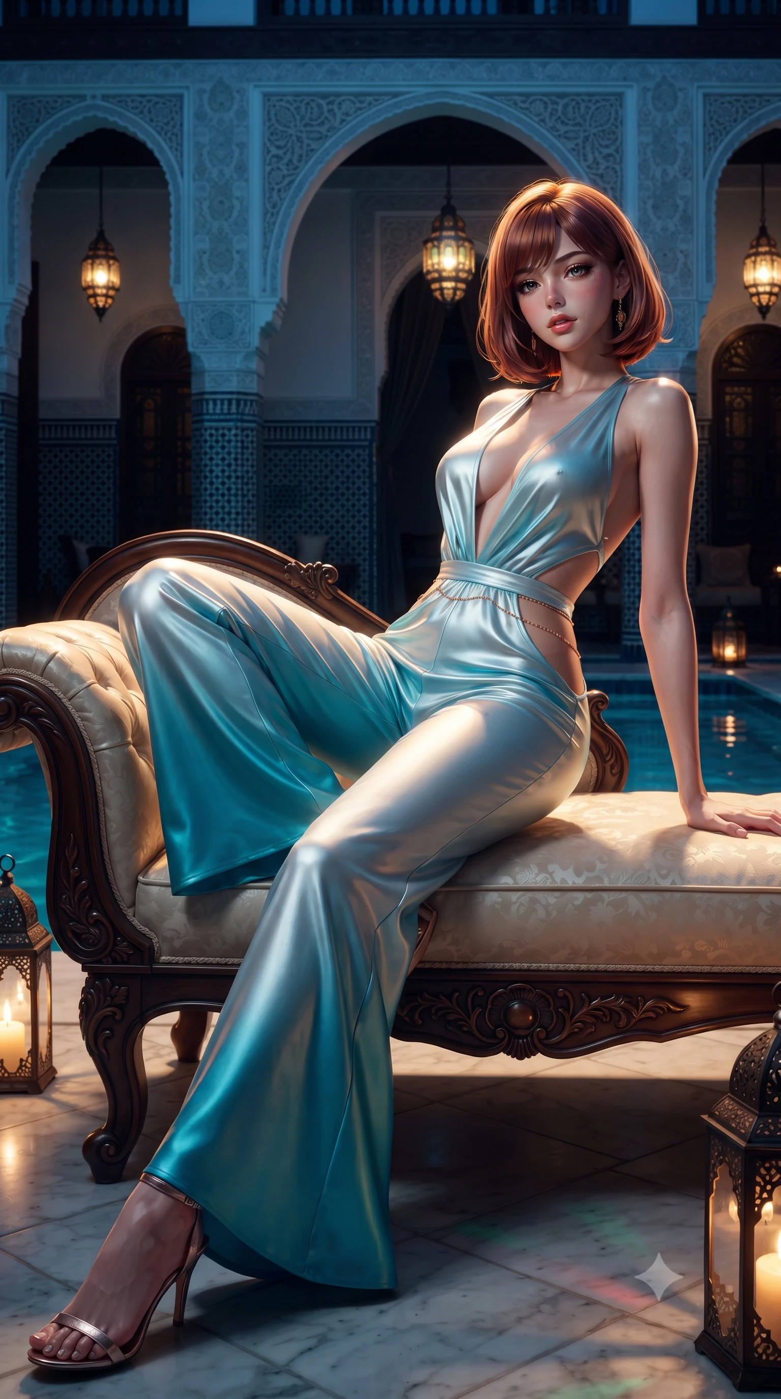 score_9, masterpiece, best quality, ultra-detailed, high-budget anime keyframe, editorial fashion photography, tasteful artistic composition, Caucasian woman. low angle full-body shot from head to toe showing her feet, filling the entire 9:16 vertical frame with her statuesque presence, stretching her vertical silhouette. reclining gracefully across the plush chaise lounge with one leg extended, her sculpted silhouette and flat midriff radiating magnetic nocturnal glamour while twisting her slender torso in an alluring S-curve, dancing candle lantern shadows and turquoise water caustics tracing her flat midriff and curvy hips. The surrounding environment is rendered in vivid detail and crisp panoramic clarity: detailed plunging cowl-neck liquid silk satin sarong slip gown cling, gold belly chain shine, and royal riad architecture in razor-sharp precision. She has an absolutely perfect, statuesque 8.5-heads proportion, an exceptionally tall and slender model-like female figure with impossibly long slender legs, an ultra-slim waist, a flat toned midriff, narrow delicate ribcage, and beautifully sculpted feminine hips creating a graceful, slim hourglass silhouette without any bulky heaviness. sharp v-shaped jawline, high-bridge nose, sparkling eyes with hypnotic seductive depth, thick curled eyelashes, glossy parted lips with a natural dewy peach sheen, alluring bedroom-eyes with an enchanting coquettish smile, exuding magnetic siren charisma and sophisticated glamour, flawlessly proportioned anatomical accuracy, strict slender model proportions, natural body alignment, perfectly sculpted long slender limbs, ultra-slim waistline, clean dynamic posture without body distortion. wearing a backless plunge-front silk satin jumpsuit with fluid wide-leg silhouette and side hip cutouts in Maldives ocean cyan and shimmering pearl white, woven from buttery-soft stretch lambskin leather adhering to her body like a second skin, complemented by strappy stiletto sandals with crystal ankle wraps accentuating her slender calves, the form-contouring silhouette accentuating her sculpted flat midriff, narrow delicate ribcage, and gracefully curvy hips with intoxicating allure. illuminated by pool water reflection caustics and sharp molten-gold rim lights sculpting her razor-sharp jawline, narrow waist, and curvy hips. ultra-reflective glossy finish, specular highlights, rich textural contrasts, high-contrast stereoscopic depth, volumetric dynamic lighting, 2k, ultra detail, master piece, 9:16 ratio