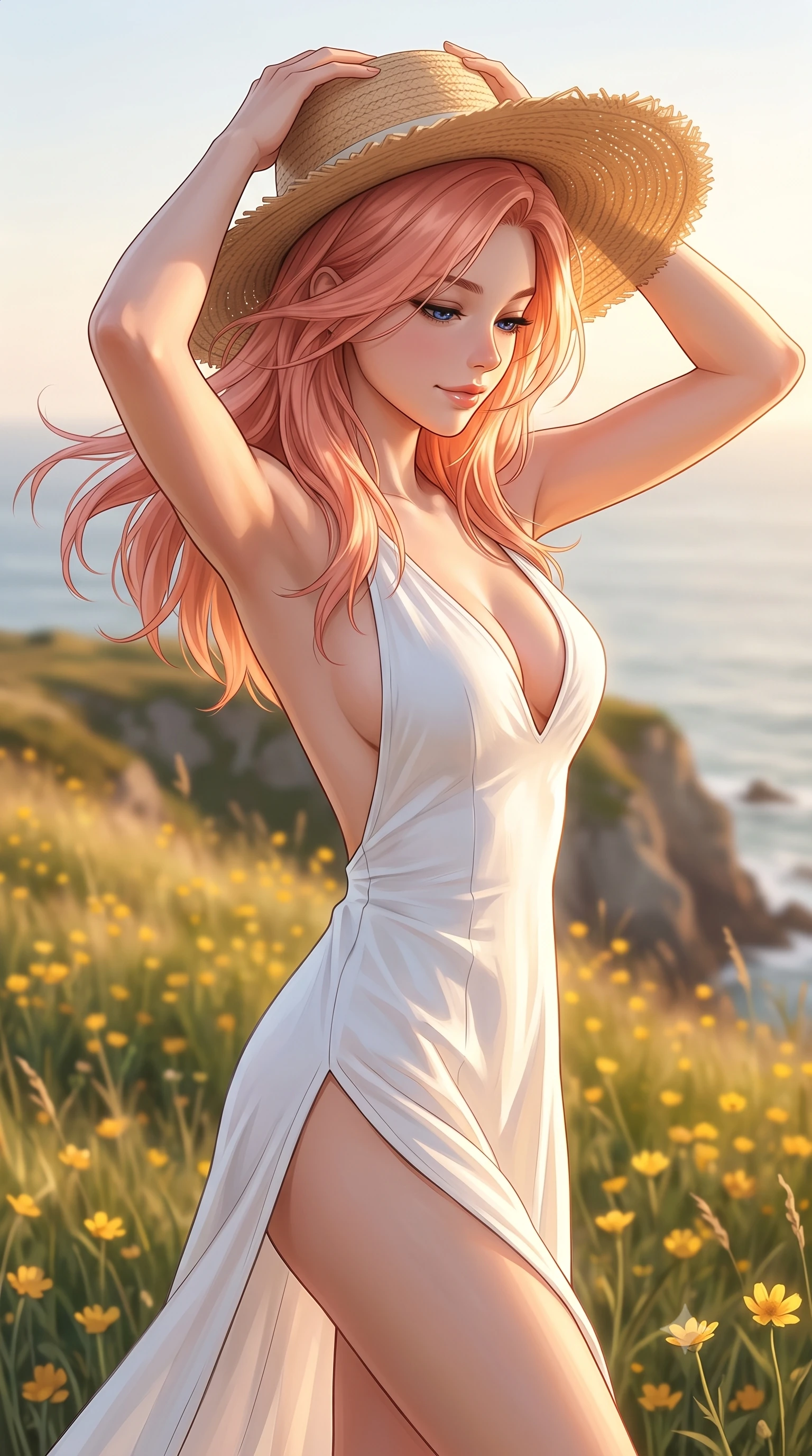 score_9, masterpiece, best quality, ultra-detailed, high-budget anime keyframe, editorial fashion photography, tasteful artistic composition, Japanese woman woman. close-up cowboy shot from the waist and thighs up, the character dominates the composition, filling the frame with her large presence, background elements kept in soft focus. holding a wide-brimmed straw hat with both hands against the breeze, looking down with a soft smile the background shows a soft-focus a grassy field of wild yellow flowers on a cliff overlooking the ocean. She has an exceptionally elegant, slender, and willowy female figure with an ultra-slim waist, a gracefully sculpted slender torso, and a refined silhouette. sharp v-shaped jawline, high-bridge nose, intricate jewel-like eyes with depth, thick eyelashes, glossy lips with a natural sheen. wearing a slim-fit high-slit resort dress in white cotton featuring a plunging neckline and open back. soft golden afternoon light wrapping the landscape in warmth. 2k, ultra detail, master piece, 9:16 ratio
