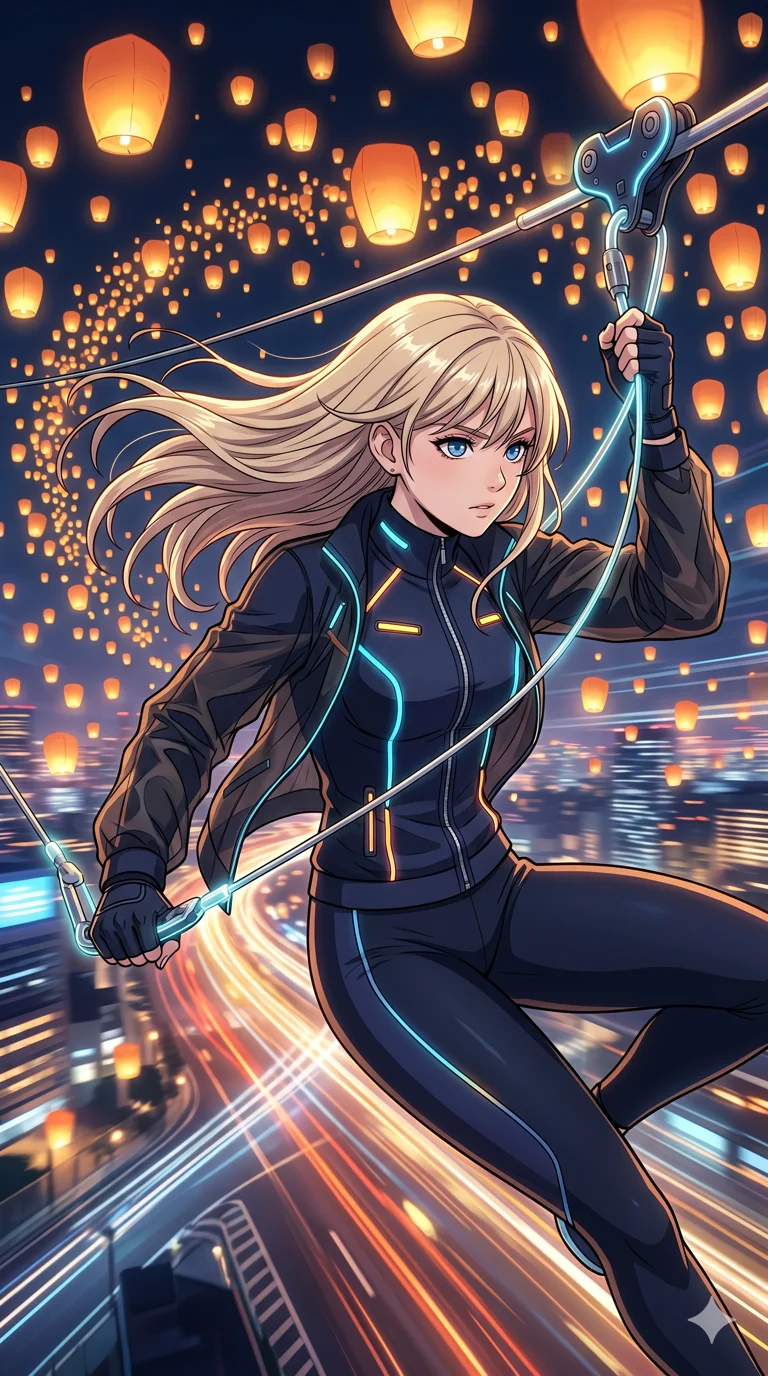score_9, masterpiece, best quality, ultra-detailed, High-budget Anime Keyframe, beautiful Caucasian anime girl (strictly human ears). Upper body close-up from the thighs up, character filling the screen for maximum presence. Zipping through a night sky filled with thousands of floating lanterns using high-tech wires. She has an absolutely perfect 8-heads proportion, an exceptionally tall and slender female figure with impossibly long slender legs and an ultra-slim waist. Sharp v-shaped jawline, high-bridge nose, intricate jewel-like eyes with depth, thick eyelashes, glossy lips with a natural sheen. Wearing a Premium Athleisure outfit: sleek high-performance activewear with a sheer windbreaker and glowing sensors. Background is a vibrant night city with orange lanterns and motion-blurred light trails. 2k, ultra detail, master piece, 9:16 ratio