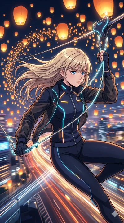 score_9, masterpiece, best quality, ultra-detailed, High-budget Anime Keyframe, beautiful Caucasian anime girl (strictly human ears). Upper body close-up from the thighs up, character filling the screen for maximum presence. Zipping through a night s