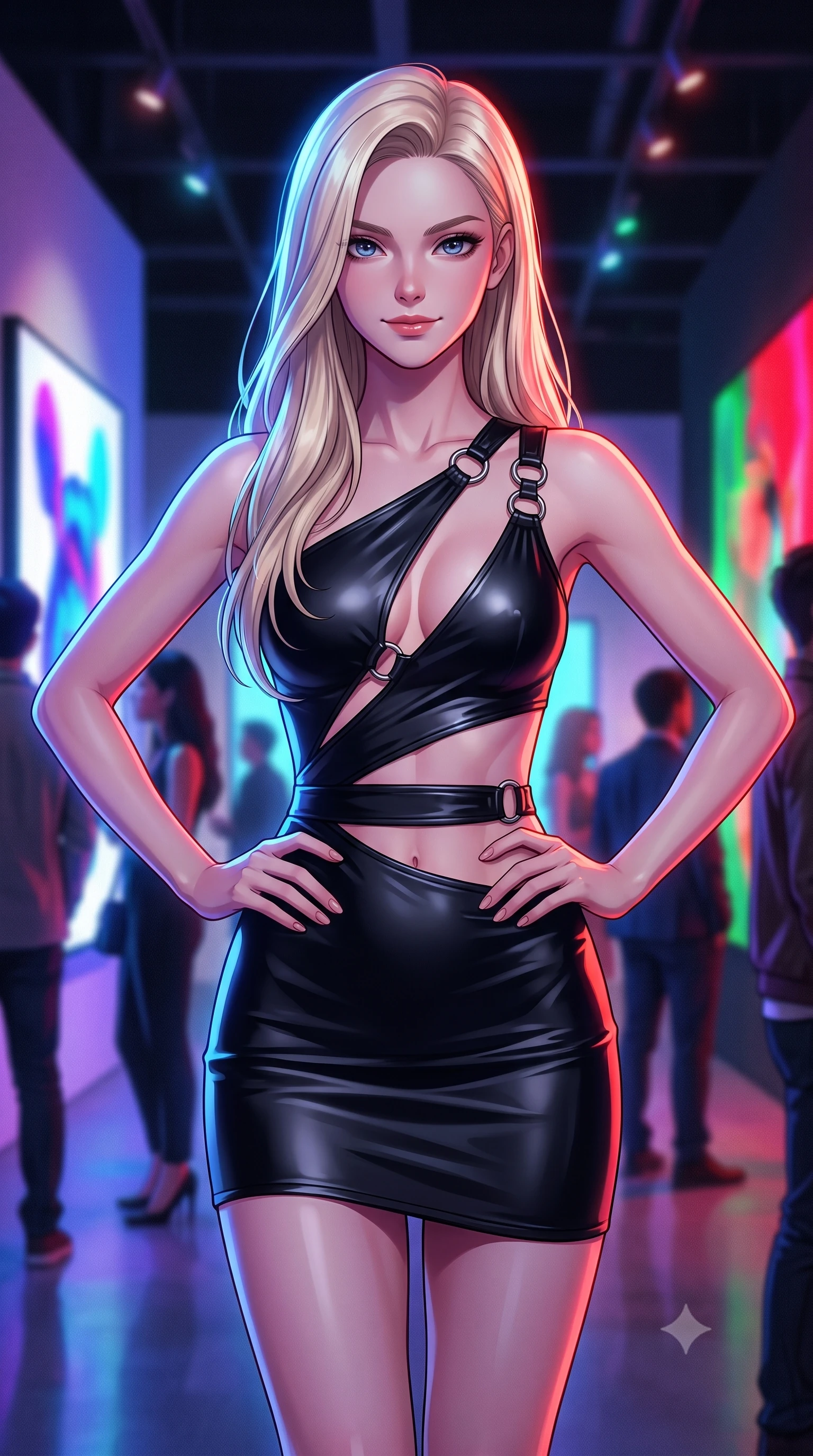 score_9, masterpiece, best quality, ultra-detailed, high-budget anime keyframe, editorial fashion photography, tasteful artistic composition, Caucasian woman woman. close-up cowboy shot from the waist and thighs up, the character dominates the composition, filling the frame with her large presence, background elements kept in soft focus. She has an exceptionally elegant, slender, and willowy female figure with an ultra-slim waist, a gracefully sculpted slender torso, and a refined silhouette. smiling with quiet, magnetic self-assurance directly into the camera lens, flawlessly proportioned anatomical accuracy, natural body alignment, perfectly sculpted elegant limbs, clean dynamic posture without body distortion. set against a soft-focus background of a high-end gallery with RGB noise digital canvas displays. wearing an asymmetric cut-out mini dress in matte black latex with silver ring accents. bathed in dynamic shifting RGB neon lights creating dramatic high-contrast rim light. highly saturated vibrant anime colors, detailed shading with soft gradients, rich glossy textures, high-contrast stereoscopic depth, volumetric dynamic lighting, master piece, 9:16 ratio