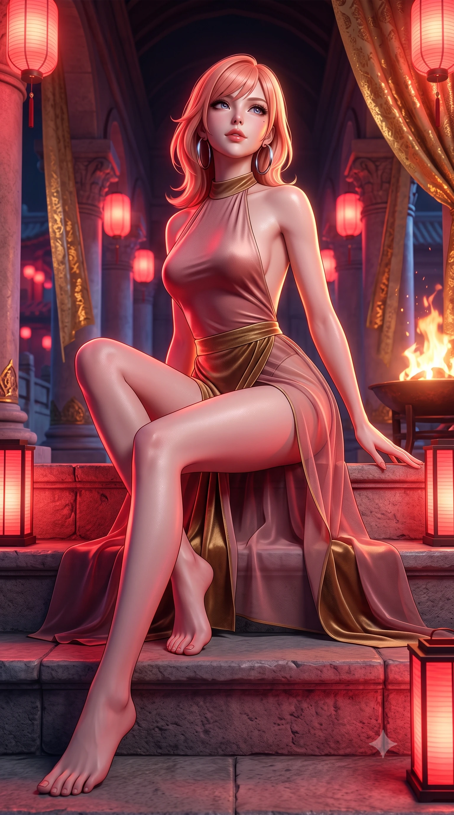score_9, masterpiece, best quality, ultra-detailed, high-budget anime keyframe, semi-realistic 3D game render, editorial fashion photography, tasteful artistic composition, Japanese woman. low angle full-body shot from head to toe showing her feet, filling the entire 9:16 vertical frame with her statuesque presence, stretching her vertical silhouette. sitting poised on the stone steps with one knee bent, arching her spine with supermodel elegance as she glances upward through thick eyelashes while twisting her slender torso in an alluring contrapposto stance, palace festival lanterns casting vibrant crimson glow across her curves. The surrounding environment is rendered in vivid detail and crisp panoramic clarity: detailed gold-leaf stamped silk fabric, dewy skin highlights, and royal palace colonnade architecture in high resolution. She has an absolutely perfect, statuesque 8.5-heads proportion, an exceptionally tall and slender model-like female figure with impossibly long slender legs, an ultra-slim waist, a flat toned midriff, narrow delicate ribcage, and beautifully sculpted feminine hips creating a graceful, slim hourglass silhouette without any bulky heaviness. sharp v-shaped jawline, high-bridge nose, sparkling eyes with hypnotic seductive depth, thick curled eyelashes, glossy parted lips with a natural dewy peach sheen, alluring bedroom-eyes with an enchanting coquettish smile, exuding magnetic siren charisma and sophisticated glamour, flawlessly proportioned anatomical accuracy, strict slender model proportions, natural body alignment, perfectly sculpted long slender limbs, ultra-slim waistline, clean dynamic posture without body distortion. wearing a liquid-tight backless silk halter leotard styled with a sheer wrap overskirt revealing her long slender legs and hip curve in dusky blush rose and antique gold trims, tailored from ultra-plush velvet with rich tactile depth and deep shadow gradients, accented with oversized polished chrome hoop earrings catching the ambient neon glow, the form-contouring silhouette accentuating her sculpted flat midriff, narrow delicate ribcage, and gracefully curvy hips with intoxicating allure. illuminated by brazier firelight fill and sharp golden rim lights sculpting her jawline, flat midriff, and voluptuous hip curves. highly saturated vibrant anime colors, detailed shading with soft gradients, rich glossy textures, high-contrast stereoscopic depth, volumetric dynamic lighting, master piece, 9:16 ratio