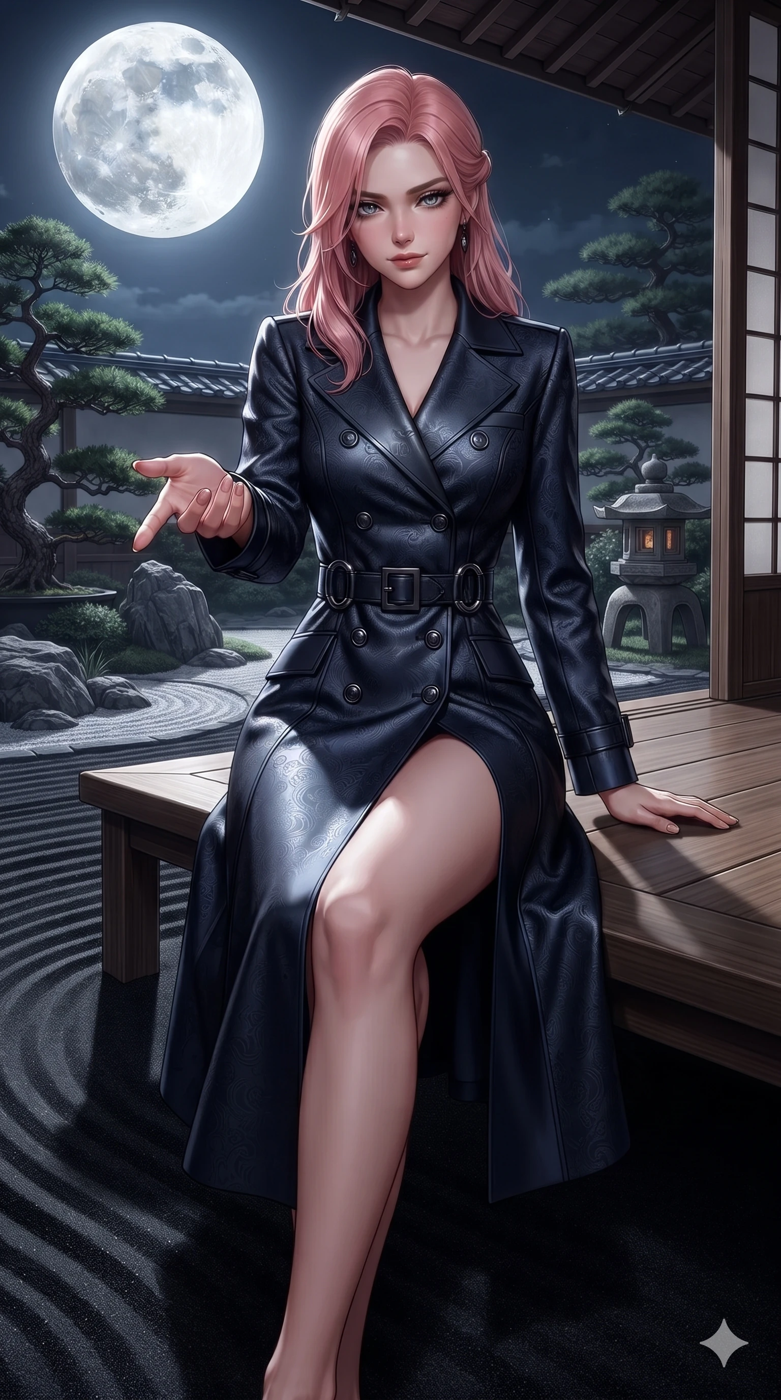 score_9, masterpiece, best quality, ultra-detailed, high-budget anime keyframe, editorial fashion photography, tasteful artistic composition, Japanese woman. close-up cowboy shot from the waist and thighs up, the character dominates the composition, filling the frame with her large presence. reaching one hand toward the viewer with relaxed dark elegance, her sculpted waistline catching specular highlights while sitting poised on the polished wooden veranda edge with legs dangling over the dark sand ripples, casting an intoxicating, heavy-lidded gaze. The surrounding environment is rendered in vivid detail and crisp panoramic clarity: detailed liquid mercury metallic gown tailoring, hip-high side slit, and traditional Japanese garden craft in razor-sharp precision. She has an exceptionally elegant, slender, and willowy female figure with an ultra-slim waist, flat toned midriff, narrow ribcage, and sculpted feminine hips creating an alluring, slim hourglass silhouette without bulk. sharp v-shaped jawline, high-bridge nose, intricate jewel-like dark sparkling eyes with hypnotic seductive depth, thick curled eyelashes, glossy parted lips with a natural wine sheen, alluring bedroom-eyes with an enigmatic smoldering smile, exuding magnetic sovereign charisma and dark avant-garde glamour, flawlessly proportioned anatomical accuracy, strict slender model proportions, natural body alignment, perfectly sculpted long slender limbs, ultra-slim waistline, clean dynamic posture without body distortion. wearing a structured double-breasted midnight trench coat dress with dark titanium buckle belt in midnight navy blue and smoky pitch black, tailored from rich silk jacquard with subtle embossed baroque patterns, accented with sculpted obsidian chrome rings at the waist, the bespoke structured tailoring following the natural line of her 8.5-heads silhouette with refined elegance. bathed in the blinding, crisp 5500K silver light of the full moon casting razor-sharp shadows across the black sand. ultra-reflective glossy finish, specular highlights, metallic sheen, high-contrast stereoscopic depth, volumetric dynamic lighting, 2k, ultra detail, master piece, 9:16 ratio