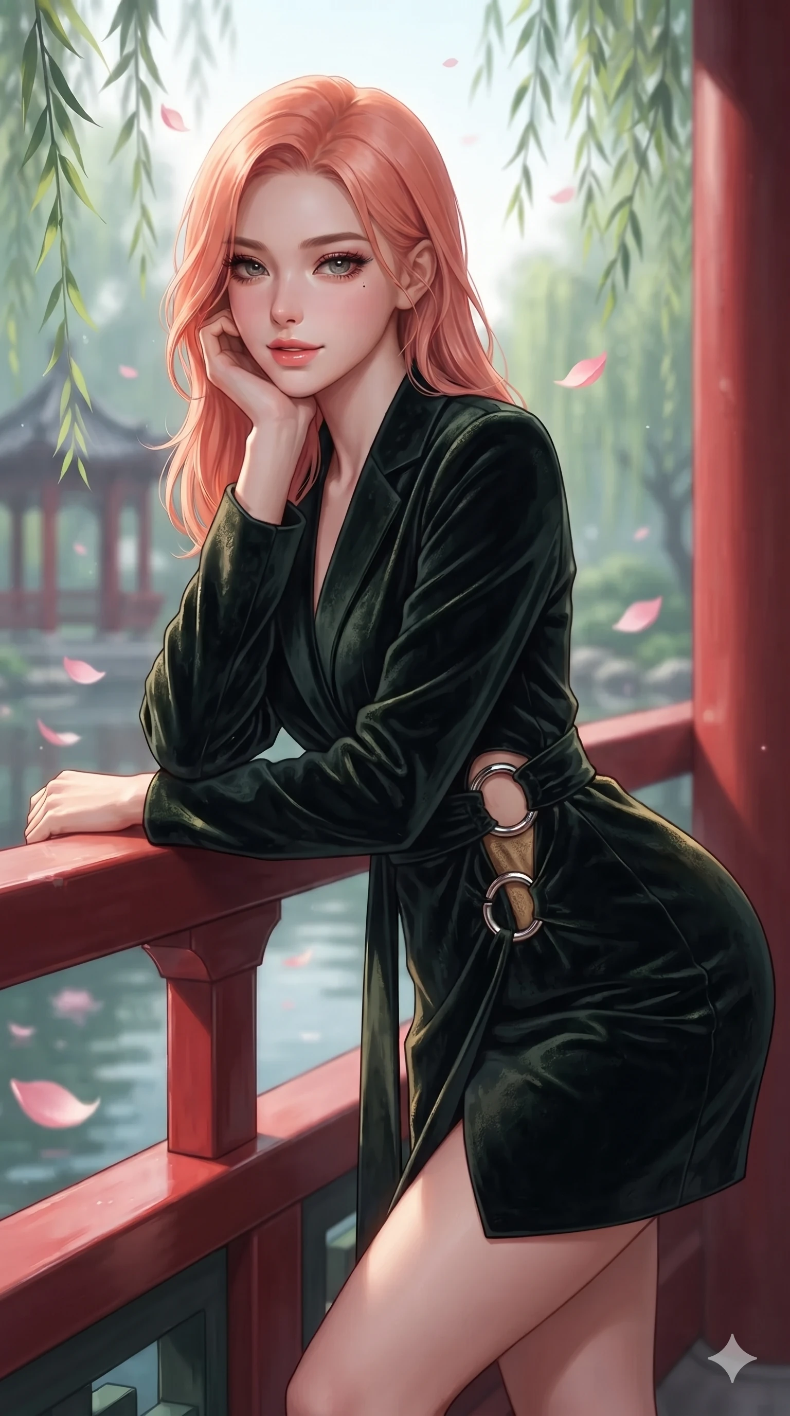 score_9, masterpiece, best quality, ultra-detailed, high-budget anime keyframe, editorial fashion photography, tasteful artistic composition, Japanese woman. close-up cowboy shot from the waist and thighs up, the character dominates the composition, filling the frame with her large presence. resting one elbow on the lacquered balustrade and supporting her chin, leaning close to the camera with heavy-lidded sparkling eyes and parted lips while leaning back against the red lacquer pillar with hips cocked back, looking through dark curled eyelashes with an enchanting, coquettish smile. The background shows a soft-focus swaying weeping willow branches, floating pink lotus petals, and distant garden pavilions blurred into rose, celadon, and slate bokeh. She has an exceptionally elegant, slender, and willowy female figure with an ultra-slim waist, flat toned midriff, narrow ribcage, and sculpted feminine hips creating an alluring, slim hourglass silhouette without bulk. sharp v-shaped jawline, high-bridge nose, sparkling eyes with hypnotic seductive depth, thick curled eyelashes, glossy parted lips with a natural dewy peach sheen, alluring bedroom-eyes with an enchanting coquettish smile, exuding magnetic siren charisma and sophisticated glamour, flawlessly proportioned anatomical accuracy, strict slender model proportions, natural body alignment, perfectly sculpted long slender limbs, ultra-slim waistline, clean dynamic posture without body distortion. wearing a structured minimalist hanbok wrap coat dress with clean geometric lines and a wide formal sash in dark emerald forest and brushed antique gold, tailored from crushed dark velvet with deep light-absorbing plush texture, accented with sculptural chrome hardware rings framing the subtle cutouts, the impeccably tailored cut draping gracefully along her slender figure with aristocratic eastern poise. illuminated by dark water reflection bounce and sharp silver-rose rim lights defining her razor-sharp jawline, narrow waist, and curvy hips. ultra-reflective glossy finish, specular highlights, rich textural contrasts, high-contrast stereoscopic depth, volumetric dynamic lighting, 2k, ultra detail, master piece, 9:16 ratio