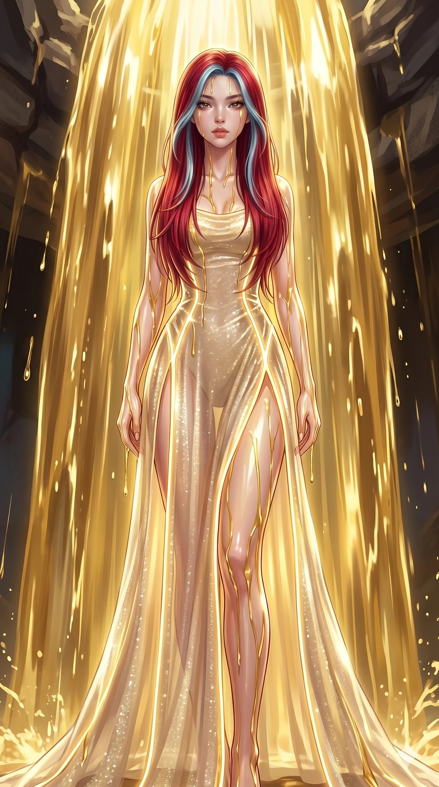 score_9, masterpiece, best quality, ultra-detailed, High-budget Anime Keyframe, East Asian woman. Low angle cowboy shot filling the entire 9:16 frame with her statuesque presence. Scenario 79: Standing under a waterfall of liquid gold, the fluid coating her form. Her presence is magnetic and overpowering in this high-budget anime scene. Outfit 79: A shimmering chiffon sheer with a thigh-high slit and glowing LED seams. The clothing is designed to emphasize her exceptionally tall and slender 8-heads proportion. 8-heads proportion, towering silhouette, ultra-slim waist. sharp v-shaped jawline, intricate jewel-like eyes with depth, thick eyelashes, glossy lips. 2k, ultra detail, master piece, 9:16 ratio