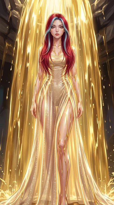 score_9, masterpiece, best quality, ultra-detailed, High-budget Anime Keyframe, East Asian woman. Low angle cowboy shot filling the entire 9:16 frame with her statuesque presence. Scenario 79: Standing under a waterfall of liquid gold, the fluid coat