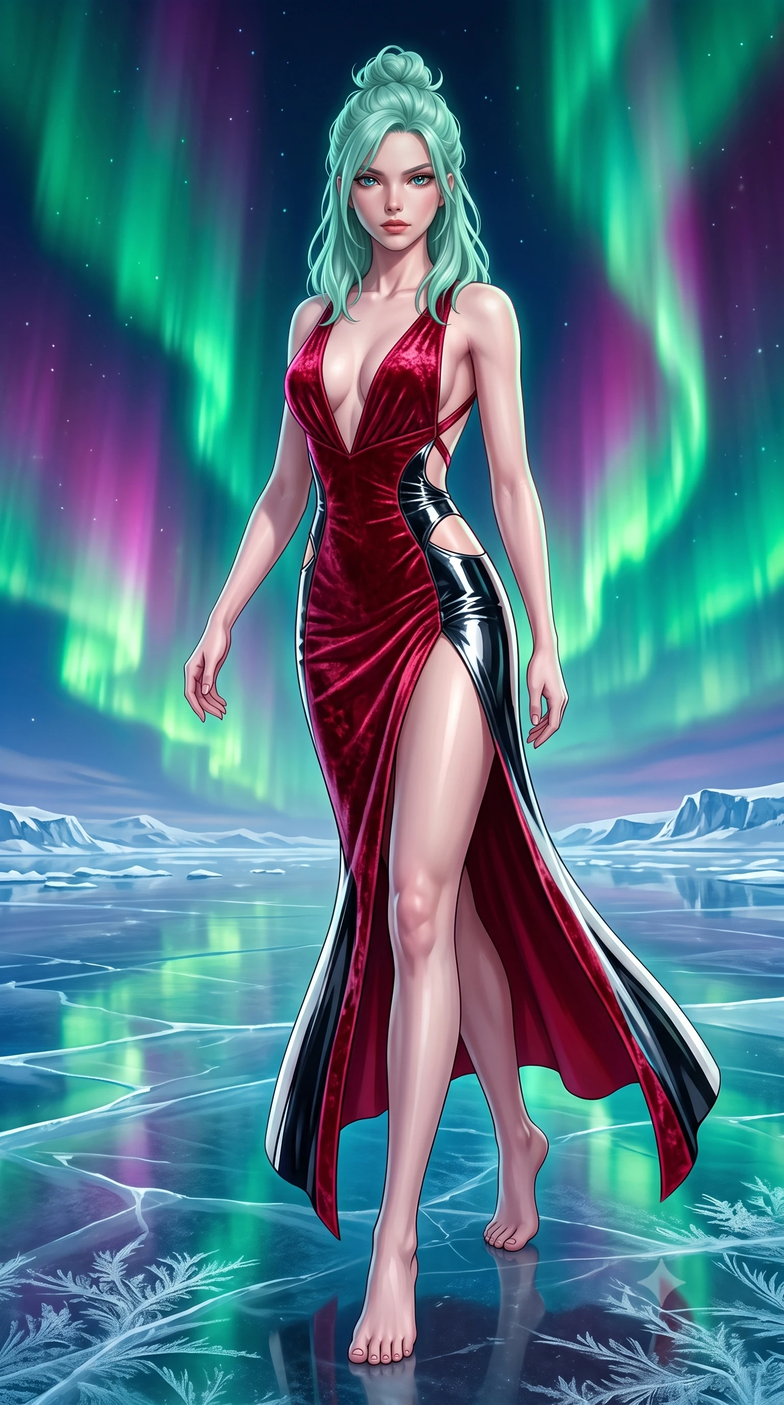 score_9, masterpiece, best quality, ultra-detailed, high-budget anime keyframe, semi-realistic 3D game render, editorial fashion photography, tasteful artistic composition, Japanese woman. low angle full-body shot from head to toe showing her feet, filling the entire 9:16 vertical frame with her statuesque presence, stretching her vertical silhouette. striding forward in a proud, statuesque motion with a dangerous smolder, her vertical silhouette dominating the frame from head to toe while pivoting dynamically on a polished ice dais as emerald and magenta aurora light curtains trace her statuesque silhouette. The surrounding environment is rendered in vivid detail and crisp panoramic clarity. crisp frost patterns, glowing ice platform reflections, and panoramic polar horizon in high resolution. She has an absolutely perfect, statuesque 8.5-heads proportion, an exceptionally tall and slender model-like female figure with impossibly long slender legs, a toned flat midriff, and an ultra-slim waist. sharp v-shaped jawline, high-bridge nose, intricate jewel-like eyes with depth, thick eyelashes, glossy lips with a natural sheen, flawlessly proportioned anatomical accuracy, strict slender model proportions, natural body alignment, perfectly sculpted long slender limbs, ultra-slim waistline, clean dynamic posture without body distortion. wearing a backless crimson crushed velvet gown with a deep plunging V-neckline, strategic hip cutouts, and an ultra-high thigh slit in high-gloss monochrome white and sharp black contrast, crafted from ultra-reflective second-skin latex with a high-gloss glass-like polish, complemented by criss-cross back straps highlighting her completely bare spine, the liquid-tight tailored fabric emphasizing every curve of her tall, slender model proportions and sculptured silhouette during dynamic movement. bathed in glowing emerald and violet aurora borealis radiance and sparkling diamond-dust refractions. highly saturated vibrant anime colors, detailed shading with soft gradients, rich glossy textures, high-contrast stereoscopic depth, volumetric dynamic lighting, master piece, 9:16 ratio