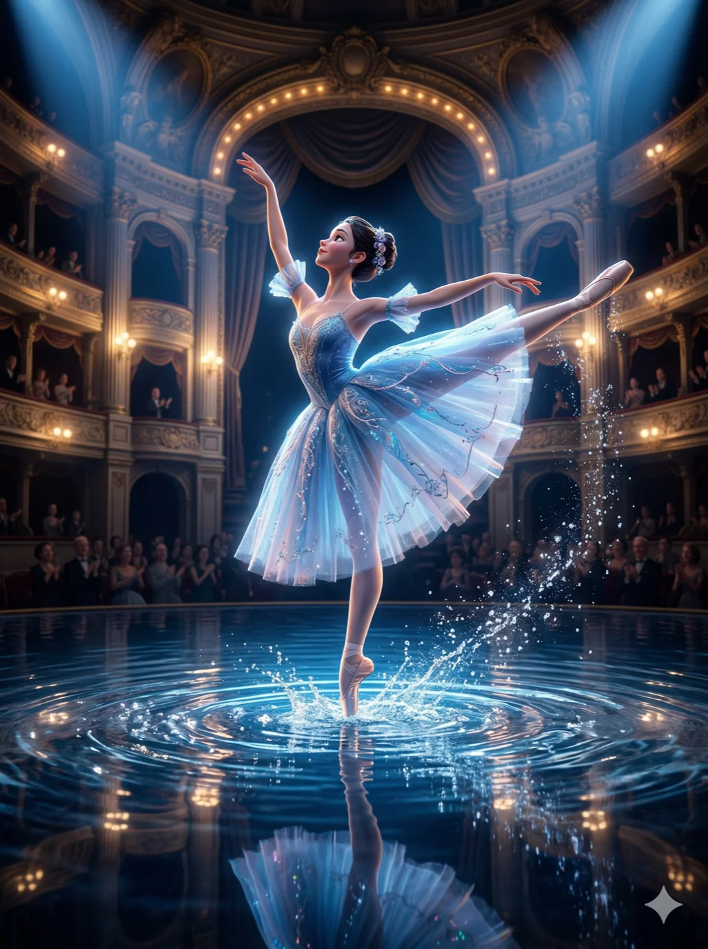 A graceful ballerina performing on a stage made of water, 3D animation aesthetic, 2k, ultra detail, master piece, 3:4 ratio
