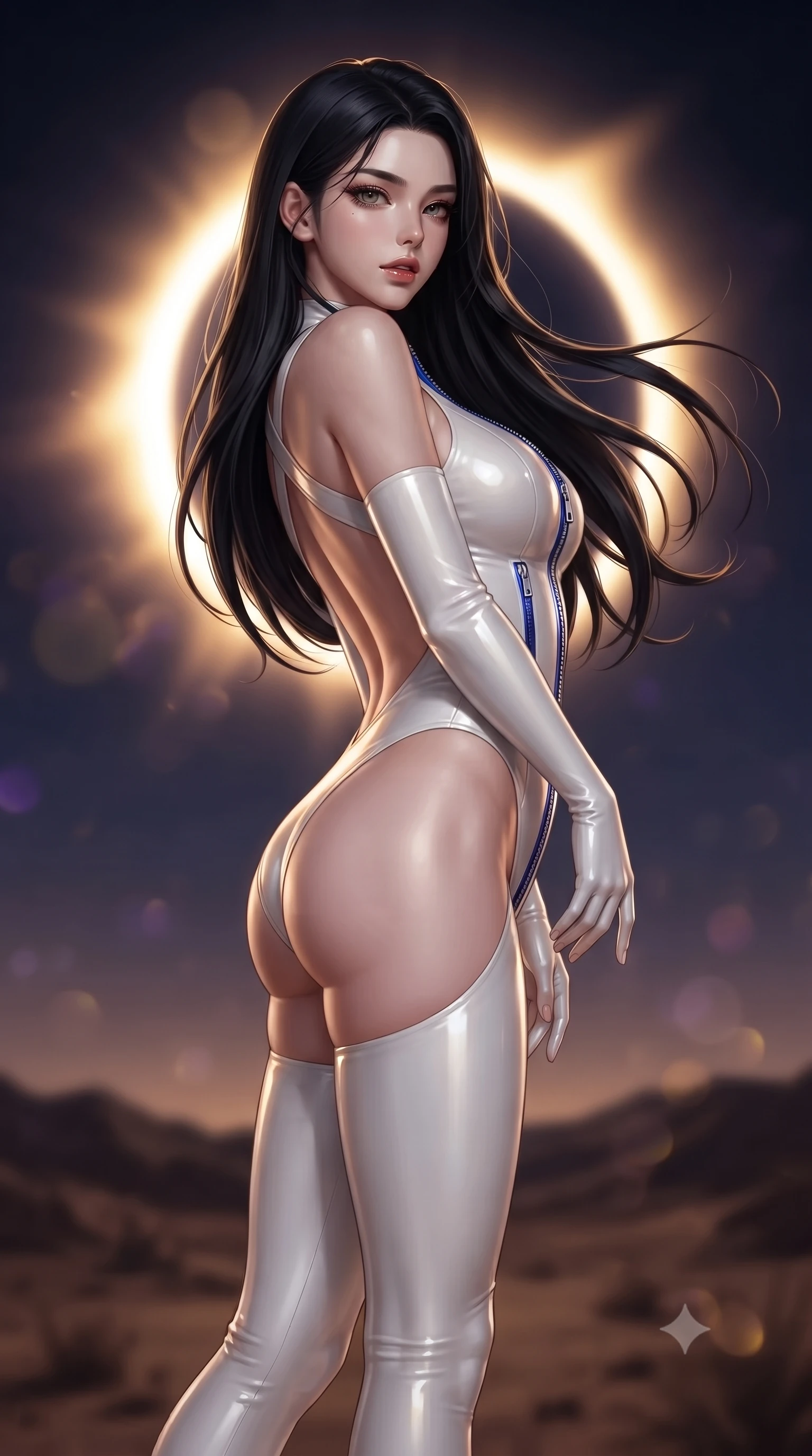 score_9, masterpiece, best quality, ultra-detailed, high-budget anime keyframe, editorial fashion photography, tasteful artistic composition, Korean woman. low angle full-body shot from head to toe showing her feet, filling the entire 9:16 vertical frame with her statuesque presence, stretching her vertical silhouette. pivoting dynamically in mid-motion with a breathtakingly alluring posture, displaying her flawless model proportions and ultra-slim waist while arching her spine in a powerful yet alluring stance against the desert winds as cosmic corona flares illuminate her silhouette. The composition keeps background elements in soft focus with creamy bokeh. blazing golden eclipse corona ring and black velvet sky blurred into intense, dramatic golden-violet bokeh. She has an absolutely perfect, statuesque 8.5-heads proportion, an exceptionally tall and slender model-like female figure with impossibly long slender legs, a toned flat midriff, and an ultra-slim waist. sharp v-shaped jawline, high-bridge nose, intricate jewel-like eyes with depth, thick eyelashes, glossy lips with a natural sheen, flawlessly proportioned anatomical accuracy, strict slender model proportions, natural body alignment, perfectly sculpted long slender limbs, ultra-slim waistline, clean dynamic posture without body distortion. wearing a glossy white second-skin latex bodysuit with high-thigh cuts, exposed clavicle neckline, and gleaming zipper details in liquid electric cobalt blue and polished silver, formed from high-gloss patent material with specular light reflections, complemented by criss-cross back straps highlighting her completely bare spine, the glove-like aerodynamic second-skin fit tightly clinging to her ultra-slender waist and athletic curves without adding bulk, accentuating her razor-sharp statuesque lines and slim hourglass silhouette. bathed in blazing golden-white solar corona backlighting with deep obsidian shadow contrast. ultra-reflective glossy finish, specular highlights, metallic sheen, high-contrast stereoscopic depth, volumetric dynamic lighting, 2k, ultra detail, master piece, 9:16 ratio