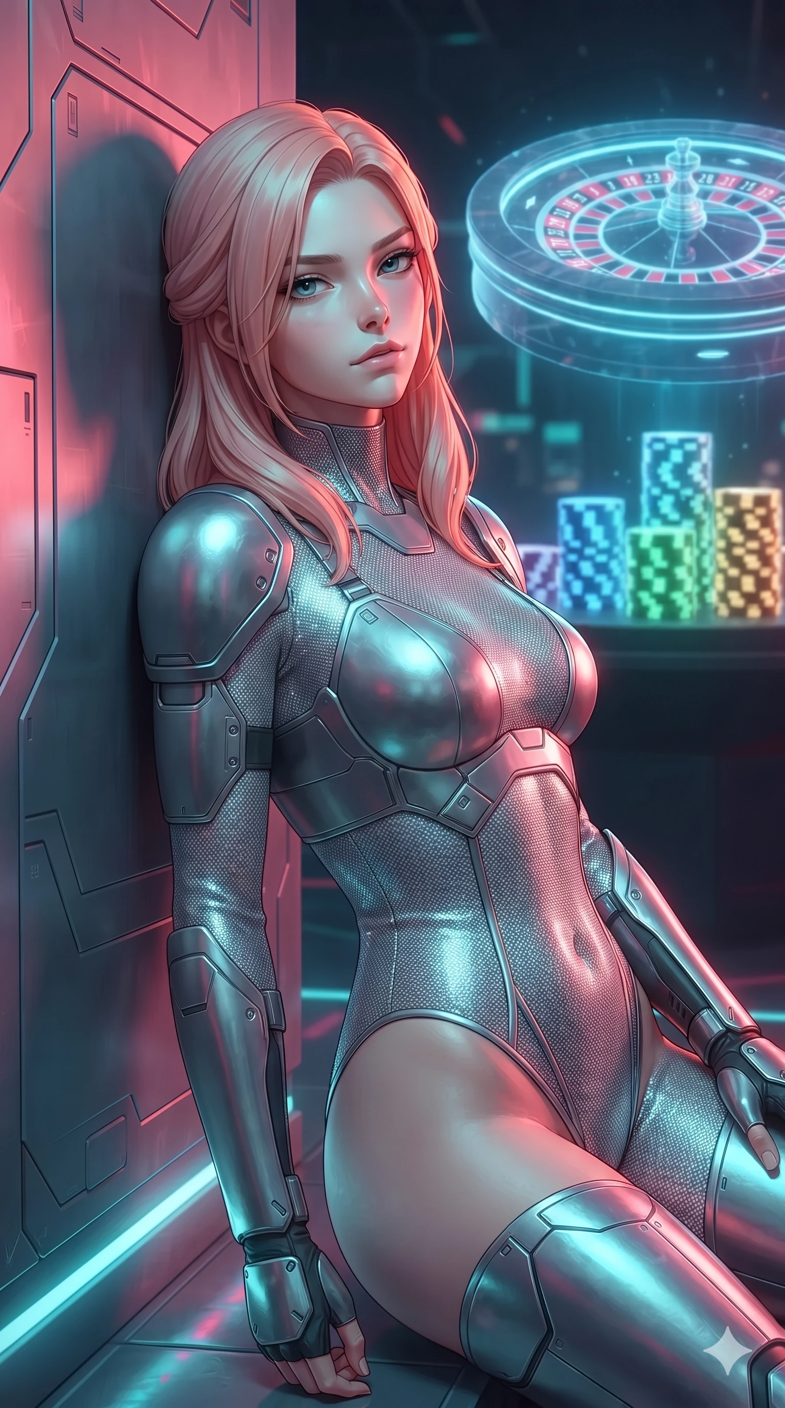 score_9, masterpiece, best quality, ultra-detailed, high-budget anime keyframe, editorial fashion photography, tasteful artistic composition, Japanese woman. close-up cowboy shot from the waist and thighs up, the character dominates the composition, filling the frame with her large presence. leaning back against the glowing maintenance bulkhead with relaxed seductive grace, her flat midriff and narrow waist highlighted as laser ambient light traces her curves while turning slowly with an enchanting smoldering smile, her glossy hair tossing in the breeze as her hips angle gracefully beside the floating roulette wheel. The surrounding environment is rendered in vivid detail and crisp panoramic clarity: sharp holographic chip stack projections, polished black lacquer table reflections, and red neon tube clarity in deep focus. She has an exceptionally elegant, slender, and willowy female figure with an ultra-slim waist, flat toned midriff, narrow ribcage, and sculpted feminine hips creating an alluring, slim hourglass silhouette without bulk. sharp v-shaped jawline, high-bridge nose, intricate jewel-like sparkling eyes with depth, thick eyelashes, glossy parted lips with a natural sheen, bright confident smile with an enchanting and coquettish sensual glint, exuding both youthful magnetic charm and sovereign high-tech allure, flawlessly proportioned anatomical accuracy, strict slender model proportions, natural body alignment, perfectly sculpted long slender limbs, ultra-slim waistline, clean dynamic posture without body distortion. wearing a form-contouring delicate silver nano-mesh bodysuit with strategically placed chrome armor plate guards covering key curves in iridescent dark chrome and holographic violet, made of delicate semi-sheer nanotech mesh with microscopic hexagonal weaves, accented with an open-back drape framed by falling strands of delicate chrome chains, the form-contouring cut accentuating her sculpted flat midriff, narrow delicate ribcage, and gracefully curvy hips with cybernetic supermodel precision. bathed in the sensual, intimate glow of scarlet and neon crimson tubes mixed with crisp cyan holographic table projections. ultra-reflective glossy finish, specular highlights, rich textural contrasts, high-contrast stereoscopic depth, volumetric dynamic lighting, 2k, ultra detail, master piece, 9:16 ratio