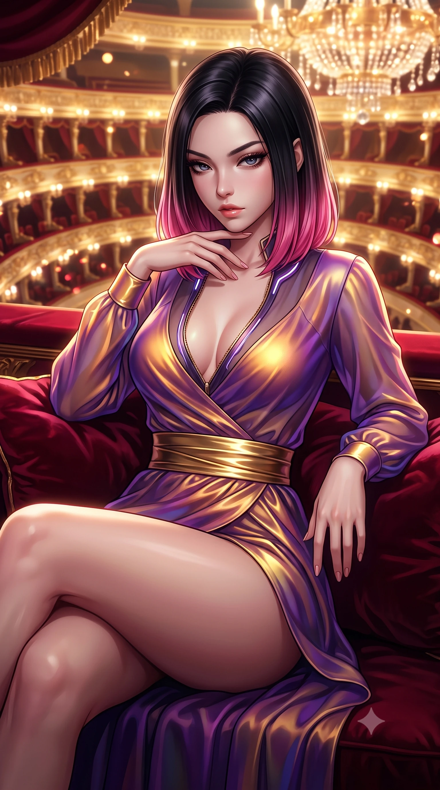 score_9, masterpiece, best quality, ultra-detailed, high-budget anime keyframe, semi-realistic 3D game render, editorial fashion photography, tasteful artistic composition, Korean woman. close-up cowboy shot from the waist and thighs up, the character dominates the composition, filling the frame with her large presence. resting her fingers lightly against her throat while looking down with a smoldering, haughty yet intensely captivating glance while lounging gracefully across a velvet-draped royal box overlooking a gilded futuristic opera auditorium. The composition keeps background elements in soft focus with creamy bokeh. gilded opera tiers and thousands of sparkling crystal prisms blurred into warm golden and crimson bokeh. She has an exceptionally elegant, slender, and willowy female figure with an ultra-slim waist, a gracefully sculpted slender torso, and a refined silhouette. sharp v-shaped jawline, high-bridge nose, intricate jewel-like eyes with depth, thick eyelashes, glossy lips with a natural sheen, flawlessly proportioned anatomical accuracy, natural body alignment, perfectly sculpted elegant limbs, clean dynamic posture without body distortion. wearing a shortened cyber-fusion wrap top with transparent chiffon panels, a deep crossover neckline, and a high-waisted metallic sash that accentuates her ultra-slim waist in lustrous molten gold and pure deep violet, made of smooth iridescent silk chiffon that shifts colors with movement, featuring a dangerously unzipped neckline framed by glowing cybernetic accents, the sleek aerodynamic cut emphasizing her magnetic presence and alluring physical grace. surrounded by an opulent, dramatic, and intensely seductive high-culture editorial aura. highly saturated vibrant anime colors, detailed shading with soft gradients, rich glossy textures, high-contrast stereoscopic depth, volumetric dynamic lighting, master piece, 9:16 ratio