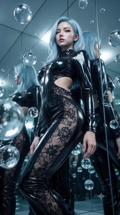 score_9, masterpiece, best quality, ultra-detailed, High-budget Anime Keyframe, editorial fashion photography, tasteful artistic composition, realistic cosplay photography, East Asian woman. Low angle cowboy shot filling the entire 9:16 frame with he