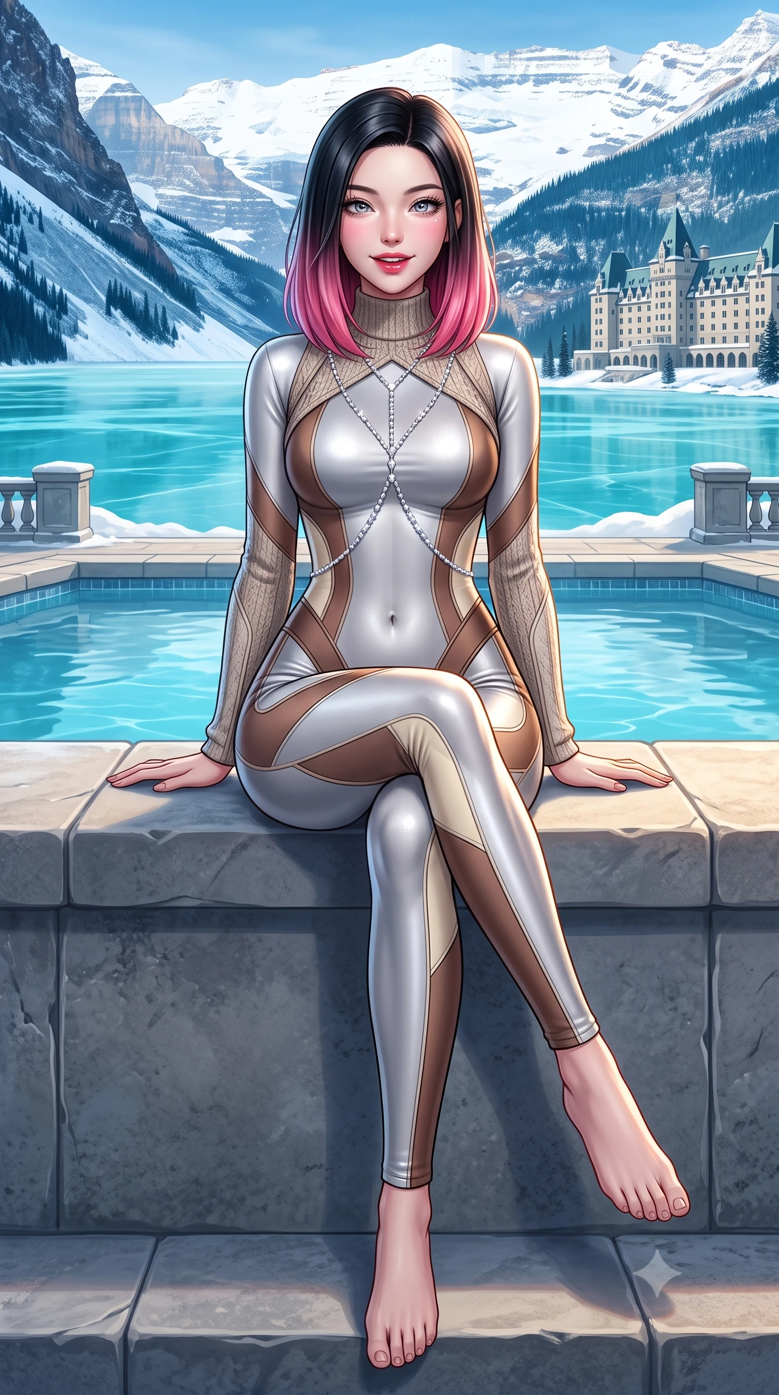 score_9, masterpiece, best quality, ultra-detailed, high-budget anime keyframe, semi-realistic 3D game render, editorial fashion photography, tasteful artistic composition, Korean woman. low angle full-body shot from head to toe showing her feet, filling the entire 9:16 vertical frame with her statuesque presence, stretching her vertical silhouette. sitting perched on the elevated stone pool coping with legs crossed and hips angled toward the camera, displaying her toned midriff and long slender limbs with joyful, coquettish charm while standing poised on the ice palace terrace overlooking the vast frozen turquoise sheet of Lake Louise, arching her spine with sovereign majesty. The surrounding environment is rendered in vivid detail and crisp panoramic clarity. detailed wool knit texture, sunburst highlights on hair, and iconic castle-hotel architecture in razor-sharp precision. She has an exceptionally tall and slender model-like 8.5-heads proportion, an ultra-slim waist, a flat toned midriff, narrow delicate ribcage, and beautifully sculpted feminine hips creating a graceful, slim hourglass silhouette without any bulky heaviness, with impossibly long slender legs. sharp v-shaped jawline, high-bridge nose, sparkling ice-crystal eyes with depth, frosty thick lashes, glossy parted lips with a rosy berry sheen, bright playful smile with an intoxicating seductive glint, rosy flushed cheeks radiating cozy warmth and dangerous allure, flawlessly proportioned anatomical accuracy, strict slender model proportions, natural body alignment, perfectly sculpted long slender limbs, ultra-slim waistline, clean dynamic posture without body distortion. wearing a form-fitting thermal catsuit in silver-sheen jersey accentuating her hourglass curves in warm mocha brown and vanilla cream, made of smooth fluid heavy silk satin with an icy mirror-like sheen, accented with a delicate crystal body chain catching the snowy ambient light, the form-fitting cut adhering flawlessly to her sculpted flat midriff and slender torso, emphasizing her long leg lines and perfectly proportioned willowy build. illuminated by ice sheet bounce fill and sharp icy-gold rim lighting defining her sculpted collarbones, ultra-slim waist, and curvy hips. highly saturated vibrant anime colors, detailed shading with soft gradients, rich glossy textures, high-contrast stereoscopic depth, volumetric dynamic lighting, master piece, 9:16 ratio