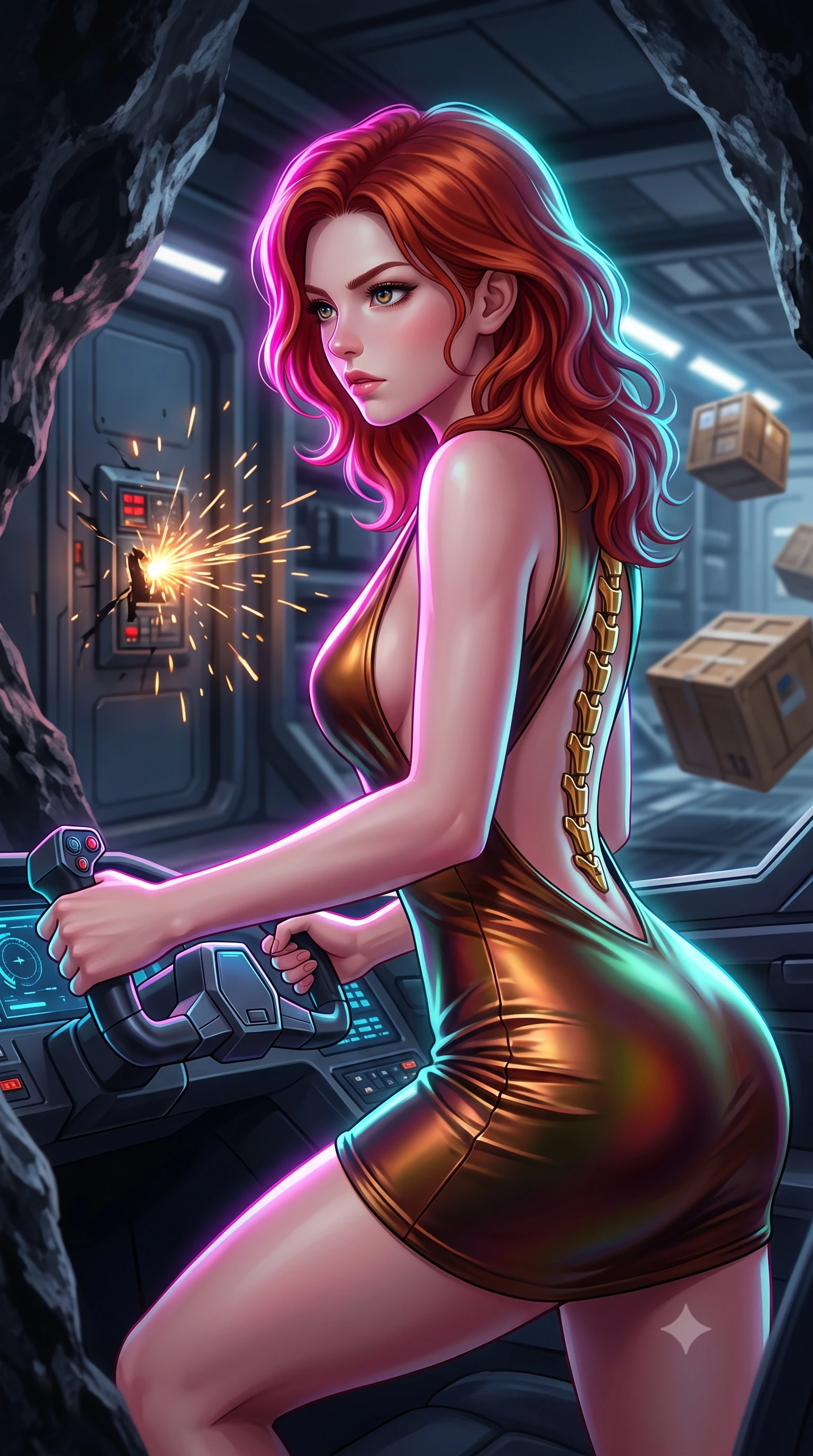 score_9, masterpiece, best quality, ultra-detailed, high-budget anime keyframe, editorial fashion photography, tasteful artistic composition, Caucasian woman, strictly human ears. close-up cowboy shot from the waist and thighs up, the character dominates the composition, filling the frame with her large presence, background elements kept in soft focus. Piloting a starfighter through a tight asteroid gap, hands tight on the flight yoke, looking sharply left. set against a soft-focus background of a starship cargo bay with shipping crates floating in zero gravity, sparks flying from damaged door controls. She has an exceptionally elegant and slender, willowy female figure with an ultra-slim waist, a gracefully sculpted slender torso, and a refined slim physique. sharp v-shaped jawline, high-bridge nose, intricate jewel-like eyes with depth, thick eyelashes, glossy lips with a natural sheen. wearing tailored for maximum mobility, sleek form-contouring panels that allow fluid movement, a form-contouring deep-V bodycon mini dress in shifting liquid bronze, featuring a dramatic open back and gold spine hardware. highly saturated vibrant anime colors, intense vivid color palette, soft 3D volumetric shading, volumetric dynamic lighting, brilliant cinematic volumetric lighting with intense neon rim light outlining her form. 2k, ultra detail, master piece, 9:16 ratio