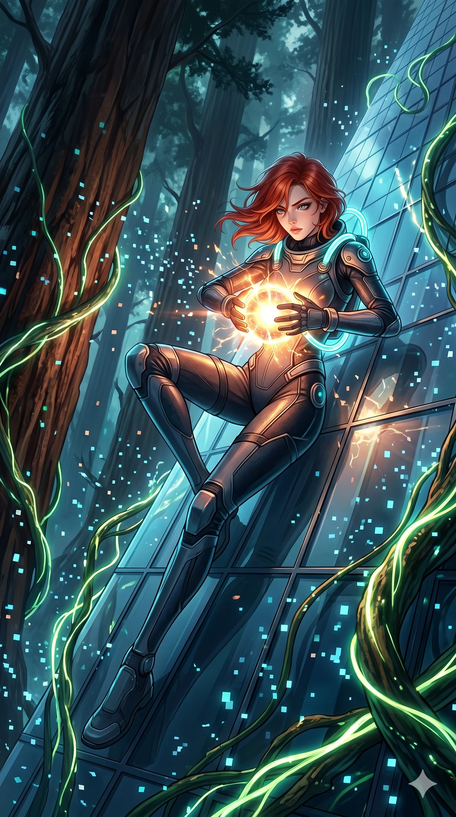 score_9, masterpiece, best quality, ultra-detailed, Set A: High-budget Anime Keyframe, Caucasian (human ears) woman. Low angle cowboy shot filling the entire 9:16 frame with her statuesque presence. Theme: Primal Nature. sliding down a glass skyscraper in a giant redwood forest with glowing vines, holding a glowing core that hums with the power of 202 suns. The atmosphere is filled with a blizzard of digital pixels. She has an absolutely perfect 8-heads proportion, an exceptionally tall and slender female figure with impossibly long slender legs and an ultra-slim waist. Sharp v-shaped jawline, high-bridge nose, intricate jewel-like eyes with depth, glossy lips. Wearing Interstellar pilot suit with glowing oxygen-tubes and a sleek carbon-fiber frame. Cinematic lighting, vivid colors, dramatic shadows, 2k, ultra detail, master piece, 9:16 ratio