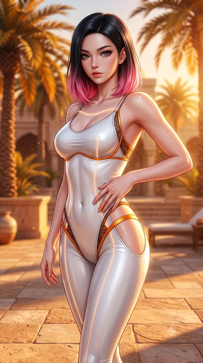 score_9, masterpiece, best quality, ultra-detailed, high-budget anime keyframe, semi-realistic 3D game render, editorial fashion photography, tasteful artistic composition, Korean woman. close-up cowboy shot from the waist and thighs up, the characte