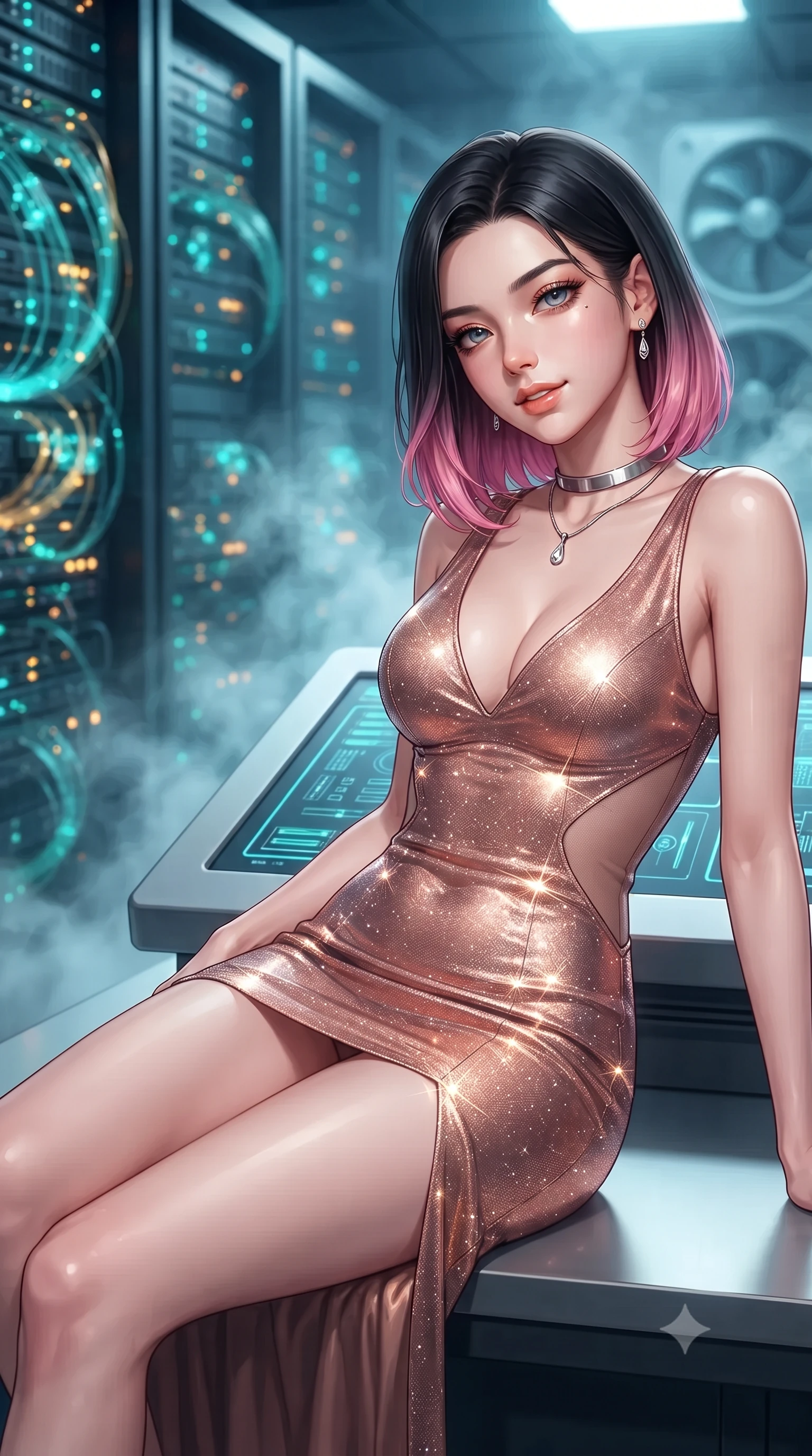 score_9, masterpiece, best quality, ultra-detailed, high-budget anime keyframe, editorial fashion photography, tasteful artistic composition, Korean woman. close-up cowboy shot from the waist and thighs up, the character dominates the composition, filling the frame with her large presence. leaning back against the balustrade with relaxed seductive grace, head tilted back slightly while casting a hypnotic, heavy-lidded gaze while lounging gracefully against the central diagnostic console propped on one elbow with legs extended, displaying her long slender limbs and statuesque hourglass silhouette. The background shows a soft-focus infinite vertical server racks pulsing with turquoise and gold fiber optics, swirling cryogenic mist, and distant cooling turbines blurred into sapphire, emerald, and topaz bokeh. She has an exceptionally elegant, slender, and willowy female figure with an ultra-slim waist, flat toned midriff, narrow ribcage, and sculpted feminine hips creating an alluring, slim hourglass silhouette without bulk. sharp v-shaped jawline, high-bridge nose, intricate jewel-like sparkling eyes with depth, thick eyelashes, glossy parted lips with a natural peach sheen, bright cheerful beaming smile with an enchanting and coquettish sensual glint, exuding both youthful cute charm and seductive allure, flawlessly proportioned anatomical accuracy, strict slender model proportions, natural body alignment, perfectly sculpted long slender limbs, ultra-slim waistline, clean dynamic posture without body distortion. wearing an alluring plunging sweetheart bodice dress with sheer mesh side-waist cutouts contouring her ribs in high-gloss rose-gold and burnished copper, woven from stretch metallic lurex jersey casting radiant starlight glints across her curves, finished with a minimalist chrome choker and a single teardrop diamond pendant, the second-skin tailored fabric adhering flawlessly to her sculpted flat midriff and slender torso, emphasizing her long leg lines and perfectly proportioned willowy build. bathed in cold 6500K quantum laser arrays contrasted with warm amber status indicators. ultra-reflective glossy finish, specular highlights, rich textural contrasts, high-contrast stereoscopic depth, volumetric dynamic lighting, 2k, ultra detail, master piece, 9:16 ratio