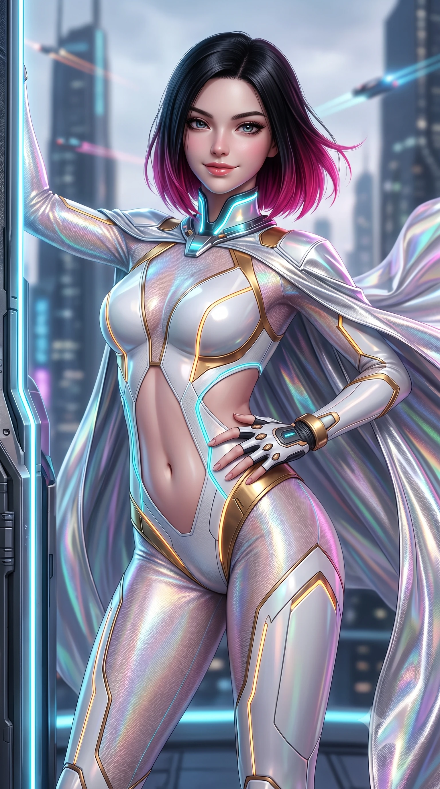 score_9, masterpiece, best quality, ultra-detailed, high-budget anime keyframe, semi-realistic 3D game render, editorial fashion photography, tasteful artistic composition, Korean woman. close-up cowboy shot from the waist and thighs up, the character dominates the composition, filling the frame with her large presence. twisting her upper body in a dynamic S-curve with commanding allure, one hand resting on her slender waist with haughty grace while leaning against a glowing spire conduit with a fearless, intoxicating smile as high-altitude winds billow her silver cape. The composition keeps background elements in soft focus with creamy bokeh. futuristic skyscraper spires and flying vehicle light trails softened in atmospheric shallow focus. She has an exceptionally elegant, slender, and willowy female figure with an ultra-slim waist, a gracefully sculpted slender torso, toned flat midriff, and a refined slim silhouette. sharp v-shaped jawline, high-bridge nose, intricate jewel-like eyes with depth, thick eyelashes, glossy lips with a natural sheen, flawlessly proportioned anatomical accuracy, strict slender model proportions, natural body alignment, perfectly sculpted long slender limbs, ultra-slim waistline, clean dynamic posture without body distortion. wearing a second-skin white-and-gold high-fashion tech-bodysuit with diagonal midriff cutouts and glowing cyan fiber seams in high-contrast monochrome white enamel and glowing amber lines, crafted from delicate iridescent organza interwoven with luminescent micro-fibers, featuring a sleek aerodynamic collar framed by subtle glowing cybernetic accents, the form-contouring material adhering flawlessly to her sculpted flat midriff and slender torso, emphasizing her long leg lines and perfectly proportioned willowy build. illuminated by crisp white key lighting with sharp specular highlights tracing her ultra-slim waist and long legs. rich saturated anime colors with glowing neon highlights, detailed shading with soft gradients, rich glossy textures, high-contrast stereoscopic depth, volumetric dynamic lighting, master piece, 9:16 ratio