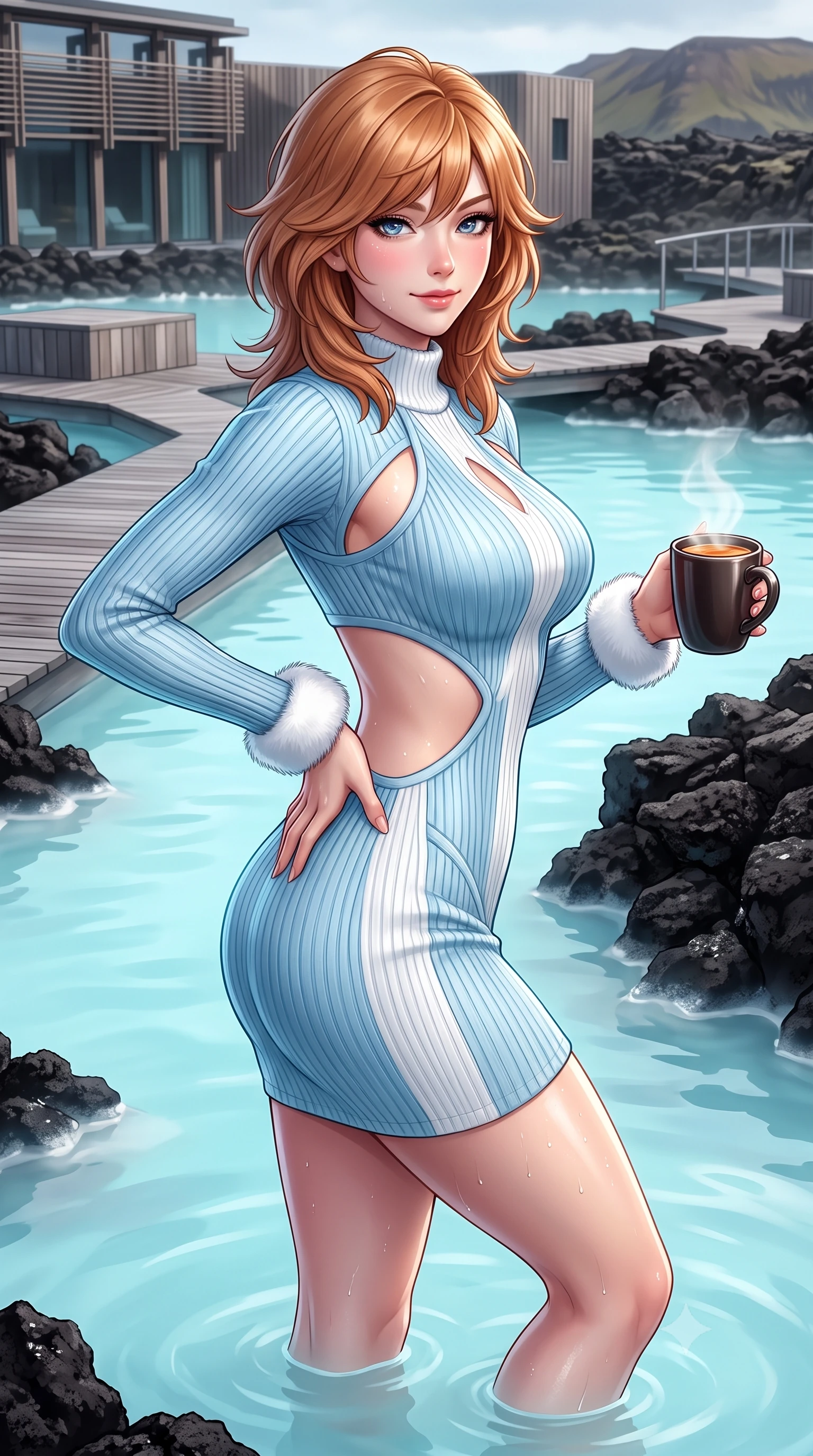 score_9, masterpiece, best quality, ultra-detailed, high-budget anime keyframe, semi-realistic 3D game render, editorial fashion photography, tasteful artistic composition, Korean woman. close-up cowboy shot from the waist and thighs up, the character dominates the composition, filling the frame with her large presence. twisting her slender torso in an alluring contrapposto stance, one hand resting on her sculpted hip while holding a steaming mug with effortless poise while wading into the opaque milky-cyan geothermal waters amidst black lava rocks, arching her back with an intoxicating, mystical smile. The surrounding environment is rendered in vivid detail and crisp panoramic clarity. detailed resort swimwear texture, dewy moisture beads on glowing skin, and Nordic spa boardwalk architecture in high resolution. She has an exceptionally elegant, slender, and willowy female figure with an ultra-slim waist, flat toned midriff, narrow ribcage, and sculpted feminine hips creating an alluring, slim hourglass silhouette without bulk. sharp v-shaped jawline, high-bridge nose, sparkling ice-crystal eyes with depth, frosty thick lashes, glossy parted lips with a rosy berry sheen, bright playful smile with an intoxicating seductive glint, rosy flushed cheeks radiating cozy warmth and dangerous allure, flawlessly proportioned anatomical accuracy, strict slender model proportions, natural body alignment, perfectly sculpted long slender limbs, ultra-slim waistline, clean dynamic posture without body distortion. wearing a cut-out knit mini dress with open-waist architecture emphasizing her hourglass curves in glacial ice-blue and crisp alpine white, tailored from fine lightweight merino wool rib knit with structural contouring, finished with plush white faux-fur edging along the cuffs and collar, the glove-like silhouette tightly following the natural contour of her hips and long slender legs with youthful 8.5-heads elegance. illuminated by milky-cyan water bounce fill and sharp silver rim lights sculpting her razor-sharp jawline, narrow waist, and curvy hips. highly saturated vibrant anime colors, detailed shading with soft gradients, rich glossy textures, high-contrast stereoscopic depth, volumetric dynamic lighting, master piece, 9:16 ratio