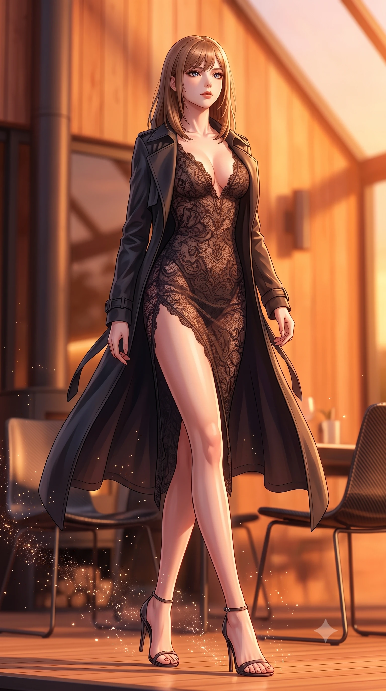 score_9, masterpiece, best quality, ultra-detailed, high-budget anime keyframe, editorial fashion photography, tasteful artistic composition, Korean woman. low angle full-body shot from head to toe showing her feet, filling the entire 9:16 vertical frame with her statuesque presence, stretching her vertical silhouette. stepping gracefully through floating stardust particles, her body-contouring suit showing her athletic, slender silhouette, the background shows a soft-focus a luxury solar-heated greenhouse cabin with sleek carbon-fiber chairs. She has an absolutely perfect, statuesque 8.5-heads proportion, an exceptionally tall and slender model-like female figure with impossibly long slender legs and an ultra-slim waist. sharp v-shaped jawline, high-bridge nose, intricate jewel-like eyes with depth, thick eyelashes, glossy lips with a natural sheen. wearing a body-hugging semi-opaque dark lace dress with a plunging neckline and high-cut leg line, layered with a carbon trench coat. warm sunset light casting a peaceful, cozy orange wash on the cedar walls. highly saturated vibrant anime colors, detailed shading with soft gradients, rich glossy textures, high-contrast stereoscopic depth, volumetric dynamic lighting, master piece, 9:16 ratio