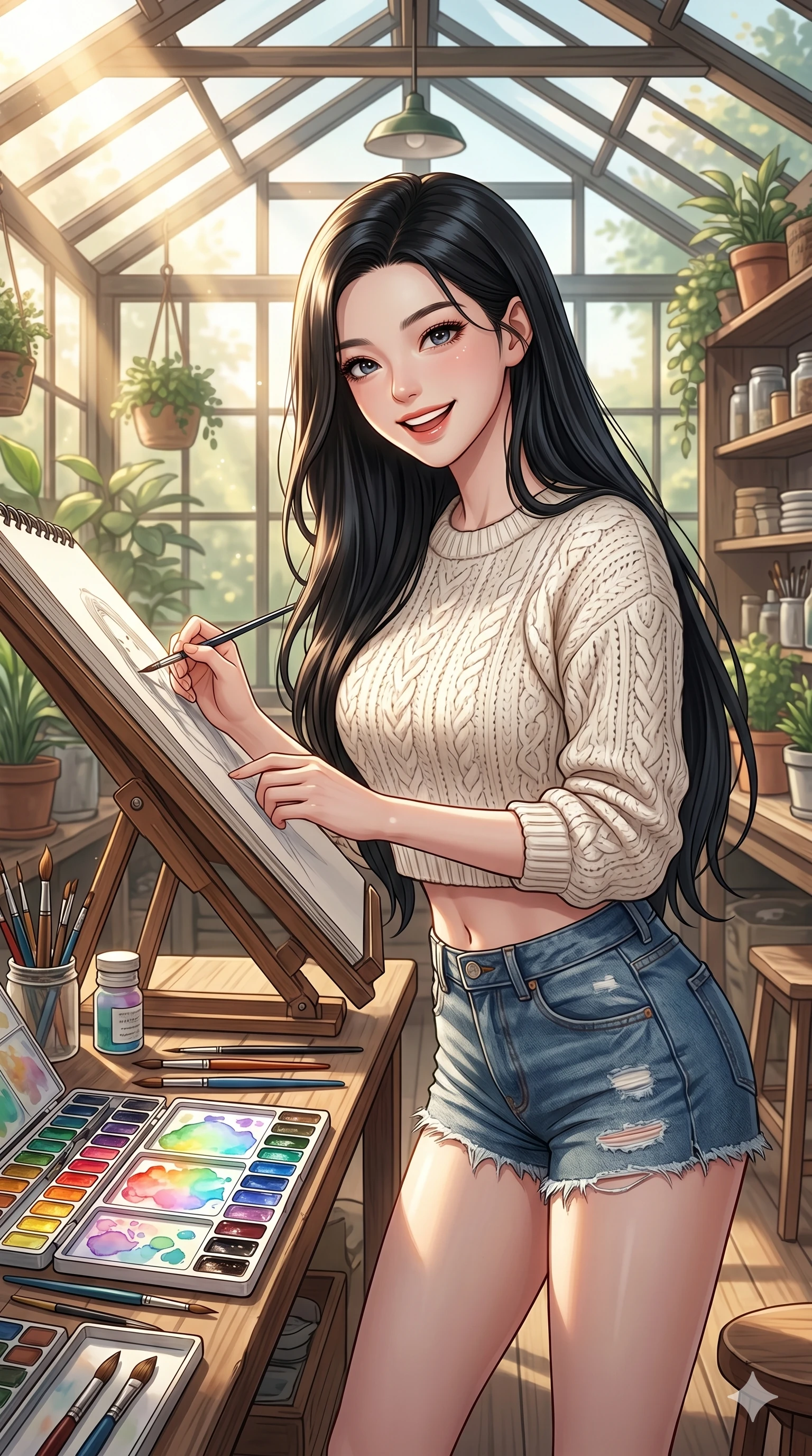 score_9, masterpiece, best quality, ultra-detailed, high-budget anime keyframe, editorial fashion photography, tasteful artistic composition, Korean woman. cowboy shot from the thighs up, character and outfit filling the frame for maximum editorial presence. looking up from a drawing with a bright, excited grin and cheerful eyes inside an artist's greenhouse workshop with watercolor palettes. She has an absolutely perfect 8-heads proportion, an exceptionally tall and slender female figure with impossibly long slender legs and an ultra-slim waist. V-shaped jawline, high-bridge nose, intricate jewel-like eyes with depth, thick eyelashes, glossy lips with a natural sheen. wearing a white knit crop top showing her delicately sculpted midriff, and denim shorts. bathed in morning sunbeams streaming through the glass ceiling, highlighting the watercolors. 2k, ultra detail, master piece, 9:16 ratio