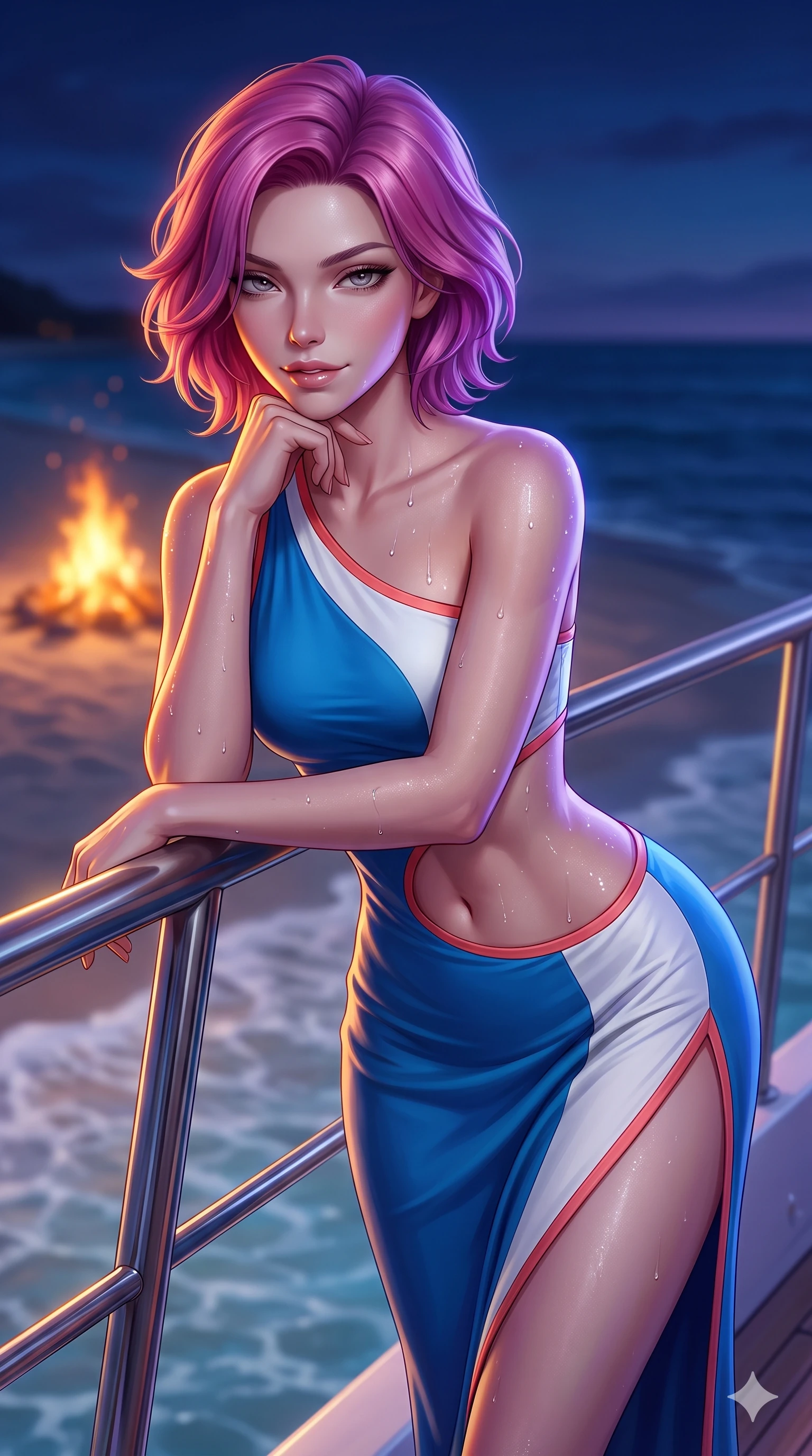 score_9, masterpiece, best quality, ultra-detailed, high-budget anime keyframe, semi-realistic 3D game render, editorial fashion photography, tasteful artistic composition, Caucasian woman. close-up cowboy shot from the waist and thighs up, the character dominates the composition, filling the frame with her large presence. resting one elbow on the yacht railing and supporting her chin, leaning close to the camera with heavy-lidded sparkling eyes and parted lips while twisting her slender torso in an alluring S-curve, dancing amber firelight and cool indigo twilight tracing her narrow waist and curvy hips. The background shows a soft-focus romantic beach campfire atmosphere softened in midnight shoreline shallow focus. She has an exceptionally elegant, slender, and willowy female figure with an ultra-slim waist, flat toned midriff, narrow ribcage, and sculpted feminine hips creating an alluring, slim hourglass silhouette without bulk. sharp v-shaped jawline, high-bridge nose, sparkling eyes with hypnotic seductive depth, thick curled eyelashes, glossy parted lips with a natural dewy peach sheen, alluring bedroom-eyes with an enchanting coquettish smile, exuding magnetic siren charisma and sophisticated glamour, flawlessly proportioned anatomical accuracy, strict slender model proportions, natural body alignment, perfectly sculpted long slender limbs, ultra-slim waistline, clean dynamic posture without body distortion. wearing an asymmetric one-shoulder liquid jersey resort gown with dramatic hip-high slit and waist cutout in Mediterranean cerulean blue and optic white with coral trims, tailored from second-skin technical compression neoprene with athletic curve-sculpting stretch, finished with glistening drops of seawater beading across her sculpted shoulders and flat midriff, the bespoke structured tailoring following the natural line of her 8.5-heads silhouette with refined elegance. illuminated by white sand ground bounce and sharp amber-violet rim lights sculpting her razor-sharp jawline, narrow waist, and curvy hips. highly saturated vibrant anime colors, detailed shading with soft gradients, rich glossy textures, high-contrast stereoscopic depth, volumetric dynamic lighting, master piece, 9:16 ratio