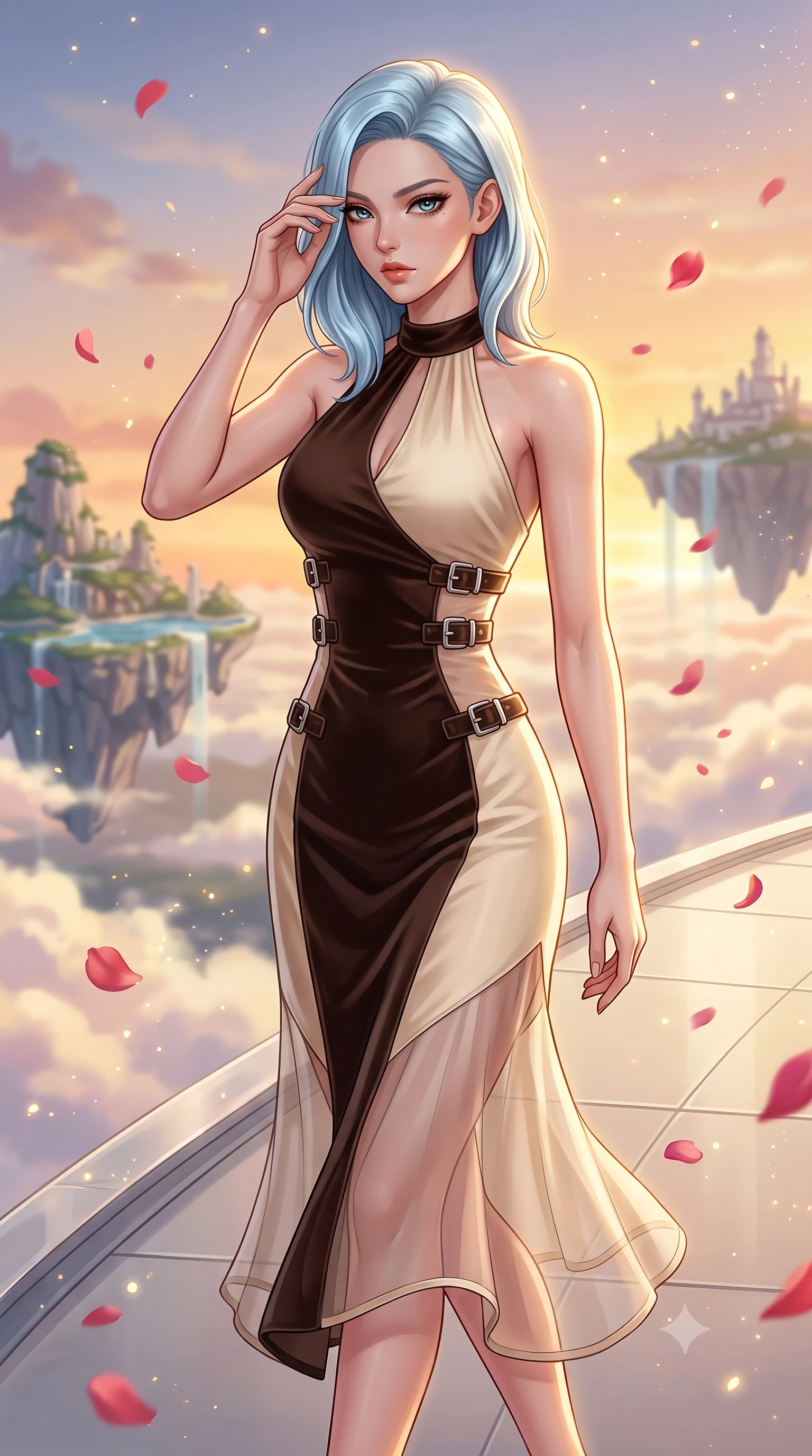 score_9, masterpiece, best quality, ultra-detailed, high-budget anime keyframe, editorial fashion photography, tasteful artistic composition, Korean woman. close-up cowboy shot from the waist and thighs up, the character dominates the composition, filling the frame with her large presence, background elements kept in soft focus. Resting her fingers gracefully near her temple, casting a sharp mysterious side-gaze during her stride while stepping along a cloudtop platinum terrace suspended between flying hydro-islands, floating rose petals and golden solar dust sparkling in the warm air. She has an exceptionally elegant, slender, and willowy female figure with an ultra-slim waist, a gracefully sculpted slender torso, and a refined silhouette. sharp v-shaped jawline, high-bridge nose, intricate jewel-like eyes with depth, thick eyelashes, glossy lips with a natural sheen, flawlessly proportioned anatomical accuracy, natural body alignment, perfectly sculpted elegant limbs, clean dynamic posture without body distortion. wearing a velvet halter-neck midi dress following her form like a glove in espresso brown and warm cream, woven from fine semi-opaque sheer organza, detailed with polished silver buckles along the waistline, the tailored fabric tightly following every curve of her athletic build. illuminated by soft glowing sunset radiance with dramatic golden rim highlights. highly saturated vibrant anime colors, detailed shading with soft gradients, rich glossy textures, high-contrast stereoscopic depth, volumetric dynamic lighting, master piece, 9:16 ratio