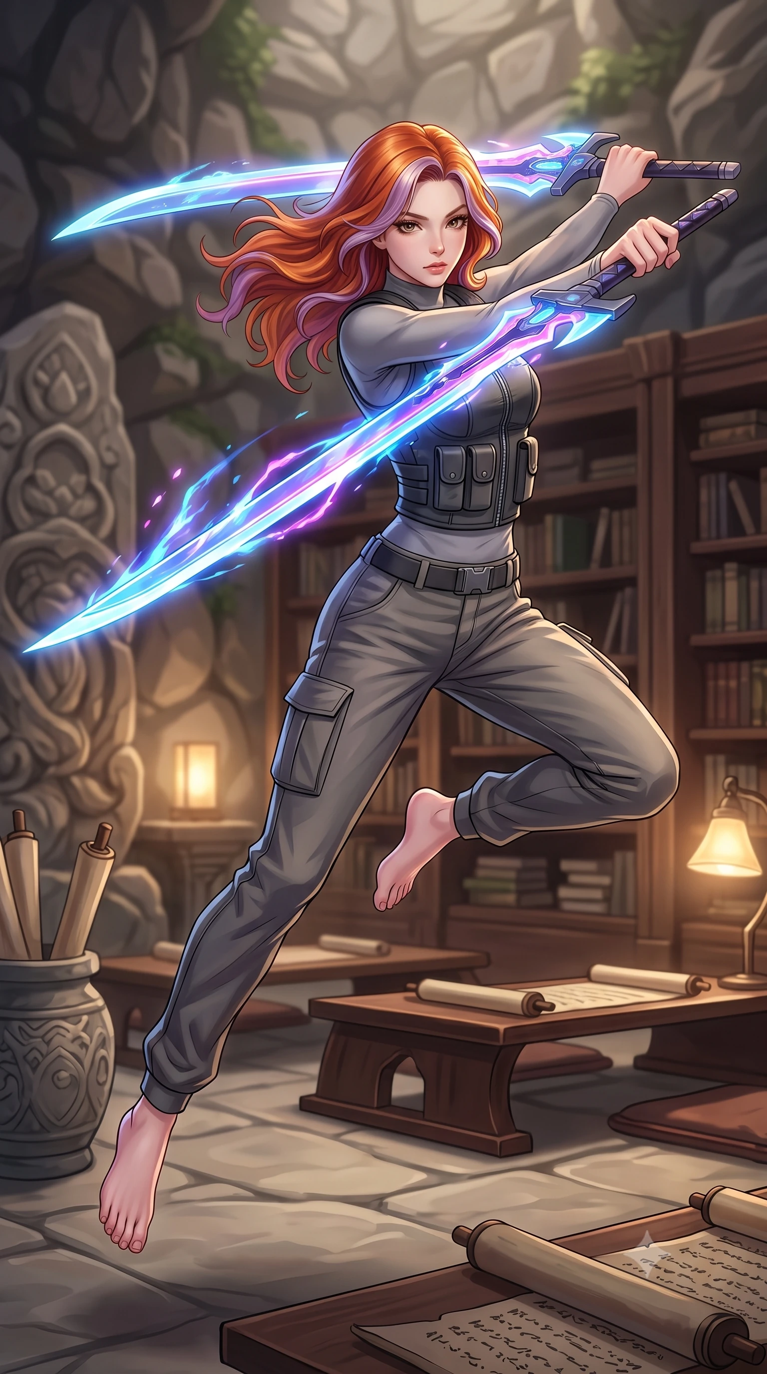 score_9, masterpiece, best quality, ultra-detailed, high-budget anime keyframe, editorial fashion photography, tasteful artistic composition, Caucasian woman. low angle full-body shot from head to toe showing her feet, filling the entire 9:16 vertical frame with her statuesque presence, stretching her vertical silhouette. leaping forward while slashing with a twin-bladed plasma sword in mid-air, her body-contouring suit showing her athletic silhouette, the background shows a soft-focus a rock garden library room with bookshelves, scrolls, and low tables. She has an absolutely perfect, statuesque 8.5-heads proportion, an exceptionally tall and slender model-like female figure with impossibly long slender legs and an ultra-slim waist. sharp v-shaped jawline, high-bridge nose, intricate jewel-like eyes with depth, thick eyelashes, glossy lips with a natural sheen. wearing a body-hugging rugged carbon-alloy utility vest over a long-sleeve high-neck grey compression shirt and matching cargo slacks. soft warm reading lights creating a quiet, focused, and meditative mood. highly saturated vibrant anime colors, detailed shading with soft gradients, rich glossy textures, high-contrast stereoscopic depth, volumetric dynamic lighting, master piece, 9:16 ratio