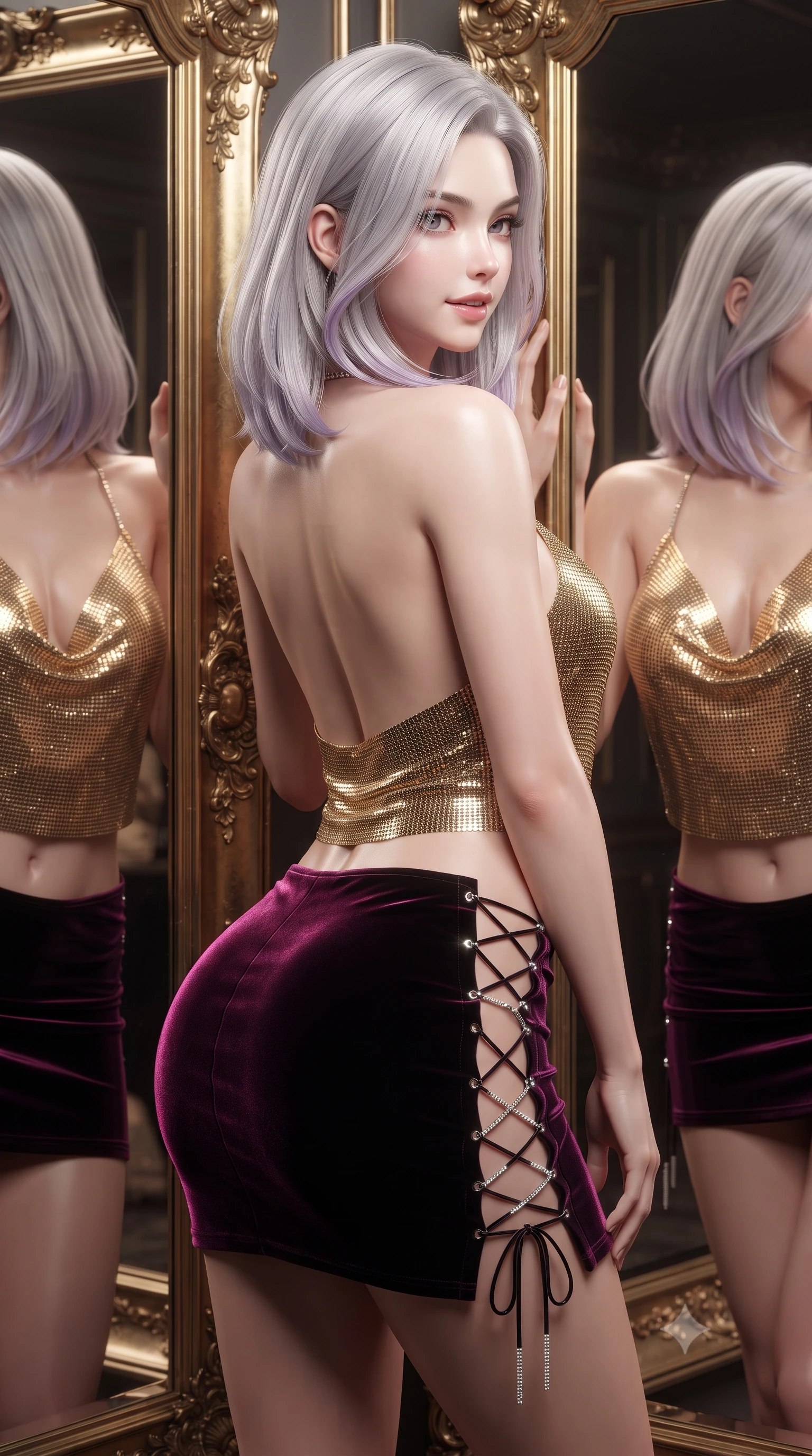 score_9, masterpiece, best quality, ultra-detailed, high-budget anime keyframe, editorial fashion photography, tasteful artistic composition, Caucasian woman. close-up cowboy shot from the waist and thighs up, the character dominates the composition, filling the frame with her large presence. posing in an alluring rear three-quarter angle, looking over a bare shoulder with parted glossy lips, her hips cocked back to highlight her slim hourglass curve while leaning against the gilded mirror frame with hips cocked back, gazing at her multiple reflections with an intoxicating, parted-lip smile. The surrounding environment is rendered in vivid detail and crisp panoramic clarity: detailed boned satin corset bodice lacing, sheer stocking seam lines, and luxury atelier craftsmanship in high resolution. She has an exceptionally elegant, slender, and willowy female figure with an ultra-slim waist, flat toned midriff, narrow ribcage, and sculpted feminine hips creating an alluring, slim hourglass silhouette without bulk. sharp v-shaped jawline, high-bridge nose, sparkling eyes with hypnotic seductive depth, thick curled eyelashes, glossy parted lips with a natural dewy peach sheen, alluring bedroom-eyes with an enchanting coquettish smile, exuding magnetic siren charisma and sophisticated glamour, flawlessly proportioned anatomical accuracy, strict slender model proportions, natural body alignment, perfectly sculpted long slender limbs, ultra-slim waistline, clean dynamic posture without body distortion. wearing a liquid gold chainmail cowl halter top paired with an ultra-low-rise velvet mini skirt and side rhinestone ties in wet-look onyx black with electric magenta reflections, tailored from ultra-plush velvet with rich tactile depth and deep shadow gradients, featuring fine criss-cross lace-up side ties revealing tantalizing glimpses of her hip curve, the liquid-tight tailored fabric clinging flawlessly to her narrow waist and rounded feminine hips, emphasizing every millimeter of her sculpted slim hourglass curves without any bulky heaviness. illuminated by mirror reflection bounce and sharp platinum-gold rim lights defining her delicate clavicles, narrow waist, and curvy hips. ultra-reflective glossy finish, specular highlights, rich textural contrasts, high-contrast stereoscopic depth, volumetric dynamic lighting, 2k, ultra detail, master piece, 9:16 ratio
