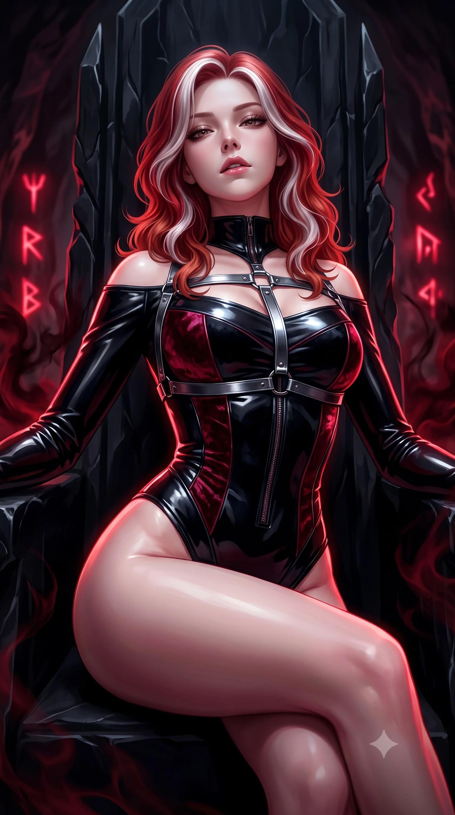 score_9, masterpiece, best quality, ultra-detailed, high-budget anime keyframe, semi-realistic 3D game render, editorial fashion photography, tasteful artistic composition, Caucasian woman. close-up cowboy shot from the waist and thighs up, the character dominates the composition, filling the frame with her large presence. tilting her head back with a sensual alluring expression, exposing her throat and shoulders to the camera with heavy lashes and softly parted glossy lips while biting her lower lip with a dangerous, tempting smolder while reclining seductively across an imposing throne carved from solid black obsidian in a subterranean dungeon sanctuary. The composition keeps background elements in soft focus with creamy bokeh. glowing crimson runes and swirling dark blood-mist blurred into rich ruby and velvet-black bokeh. She has an exceptionally elegant, slender, and willowy female figure with an ultra-slim waist, a gracefully sculpted slender torso, toned flat midriff, and a refined slim silhouette. sharp v-shaped jawline, high-bridge nose, intricate jewel-like eyes with depth, thick eyelashes, glossy lips with a natural sheen, flawlessly proportioned anatomical accuracy, strict slender model proportions, natural body alignment, perfectly sculpted long slender limbs, ultra-slim waistline, clean dynamic posture without body distortion. wearing a glossy black second-skin latex bodysuit with high-thigh cuts, exposed clavicle neckline, and gleaming dark zipper details in midnight onyx black and deep blood crimson, made of rich crushed velvet that catches deep directional light with soft gradients, reinforced by a sleek metallic chrome harness and delicate dark glowing micro-straps, the liquid-tight tailored fabric emphasizing every curve of her tall, slender model proportions and sculptured silhouette during dynamic movement. illuminated by sharp red rim highlights tracing her ultra-slim waist, long legs, and flat midriff. rich saturated anime colors with deep moody shadows, detailed chiaroscuro shading with soft gradients, rich glossy textures, high-contrast stereoscopic depth, volumetric dynamic shadow lighting, master piece, 9:16 ratio