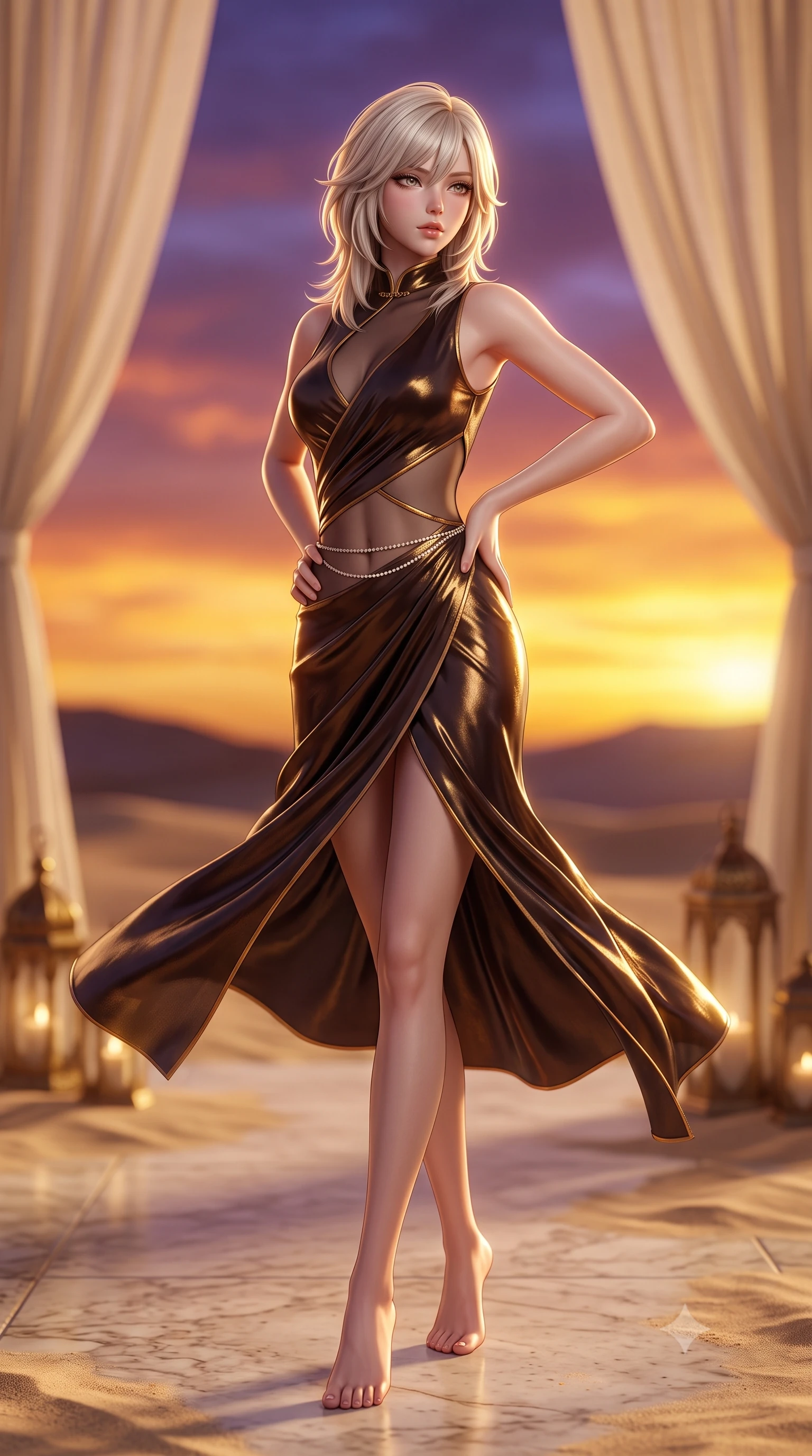 score_9, masterpiece, best quality, ultra-detailed, high-budget anime keyframe, semi-realistic 3D game render, editorial fashion photography, tasteful artistic composition, Japanese woman. low angle full-body shot from head to toe showing her feet, filling the entire 9:16 vertical frame with her statuesque presence, stretching her vertical silhouette. executing an elegant mid-motion pivot turn as garments swirl around her slender limbs, glancing over her shoulder with an intoxicating bedroom-gaze while standing poised on the sand-swept marble terrace with hands on her hips, turning in an alluring contrapposto stance in the warm desert breeze. The composition keeps background elements in soft focus with creamy bokeh. billowing cream linen shade drapes and brass lanterns softened in exotic desert shallow focus. She has an exceptionally tall and slender model-like 8.5-heads proportion, an ultra-slim waist, a flat toned midriff, narrow delicate ribcage, and beautifully sculpted feminine hips creating a graceful, slim hourglass silhouette without any bulky heaviness, with impossibly long slender legs. sharp v-shaped jawline, high-bridge nose, intricate jewel-like eyes with depth, thick eyelashes, glossy parted lips with a natural sheen, intensely captivating and seductive bedroom-eyes expression, flawlessly proportioned anatomical accuracy, strict slender model proportions, natural body alignment, perfectly sculpted long slender limbs, ultra-slim waistline, clean dynamic posture without body distortion. wearing a wet-look silk fusion wrap dress with asymmetrical sheer mesh cutouts and high Mandarin collar in dark espresso brown and molten gold foil, crafted from luxurious metallic lamé that shifts radiance with every step, accented with a dainty diamond waist chain catching the ambient light reflections, the second-skin form-contouring cut accentuating her sculpted flat midriff, narrow delicate ribcage, and gracefully curvy hips with supermodel precision. bathed in breathtaking desert sunset backlighting in molten gold and deep violet tones. highly saturated vibrant anime colors, detailed shading with soft gradients, rich glossy textures, high-contrast stereoscopic depth, volumetric dynamic lighting, master piece, 9:16 ratio