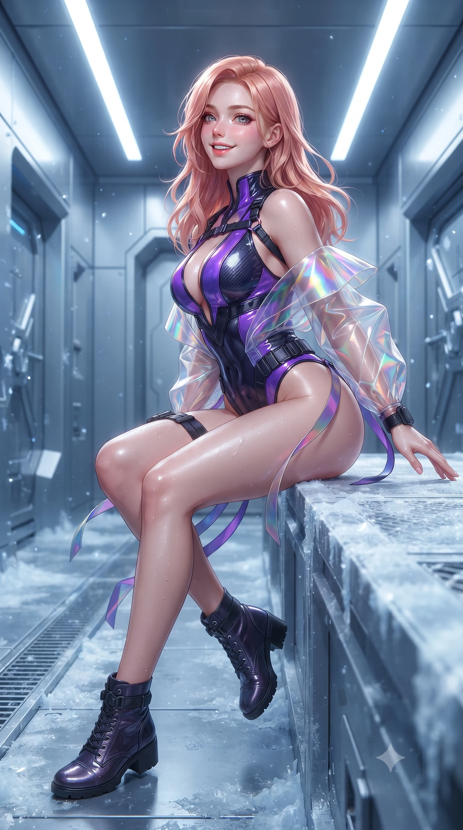 score_9, masterpiece, best quality, ultra-detailed, high-budget anime keyframe, editorial fashion photography, tasteful artistic composition, Japanese woman. low angle full-body shot from head to toe showing her feet, filling the entire 9:16 vertical frame with her statuesque presence, stretching her vertical silhouette. executing a cheerful mid-motion pivot turn as her tactical belt and ribbons flutter around her slender legs, glancing over her shoulder with an intoxicating, teasing bedroom-gaze while sitting gracefully on the frozen metal walkway edge with legs crossed, her form-contouring thermal suit radiating captivating allure. The surrounding environment is rendered in vivid detail and crisp panoramic clarity: detailed mesh catsuit texture, dewy moisture sheen on skin, and futuristic vault architecture in high resolution. She has an absolutely perfect, statuesque 8.5-heads proportion, an exceptionally tall and slender model-like female figure with impossibly long slender legs, an ultra-slim waist, a flat toned midriff, narrow delicate ribcage, and beautifully sculpted feminine hips creating a graceful, slim hourglass silhouette without any bulky heaviness. sharp v-shaped jawline, high-bridge nose, intricate jewel-like sparkling eyes with depth, thick eyelashes, glossy parted lips with a natural sheen, bright confident smile with an enchanting and coquettish sensual glint, exuding both youthful magnetic charm and sovereign high-tech allure, flawlessly proportioned anatomical accuracy, strict slender model proportions, natural body alignment, perfectly sculpted long slender limbs, ultra-slim waistline, clean dynamic posture without body distortion. wearing a glossy vinyl and carbon-fiber hybrid bodysuit with a plunging neckline and high-cut leg openings in neon electric violet and deep space obsidian, woven from layered gossamer holographic organza casting chromatic prism reflections, finished with criss-cross Kevlar tactical straps tracing her graceful shoulder blades, the high-waisted tailoring accentuating her ultra-slim waistline and the enchanting curve of her feminine hips with alluring dark charm. illuminated by overhead cold-white strip lights and sharp crystalline silver rim lights carving her slim waist, hips, and jawline. ultra-reflective glossy finish, specular highlights, rich textural contrasts, high-contrast stereoscopic depth, volumetric dynamic lighting, 2k, ultra detail, master piece, 9:16 ratio