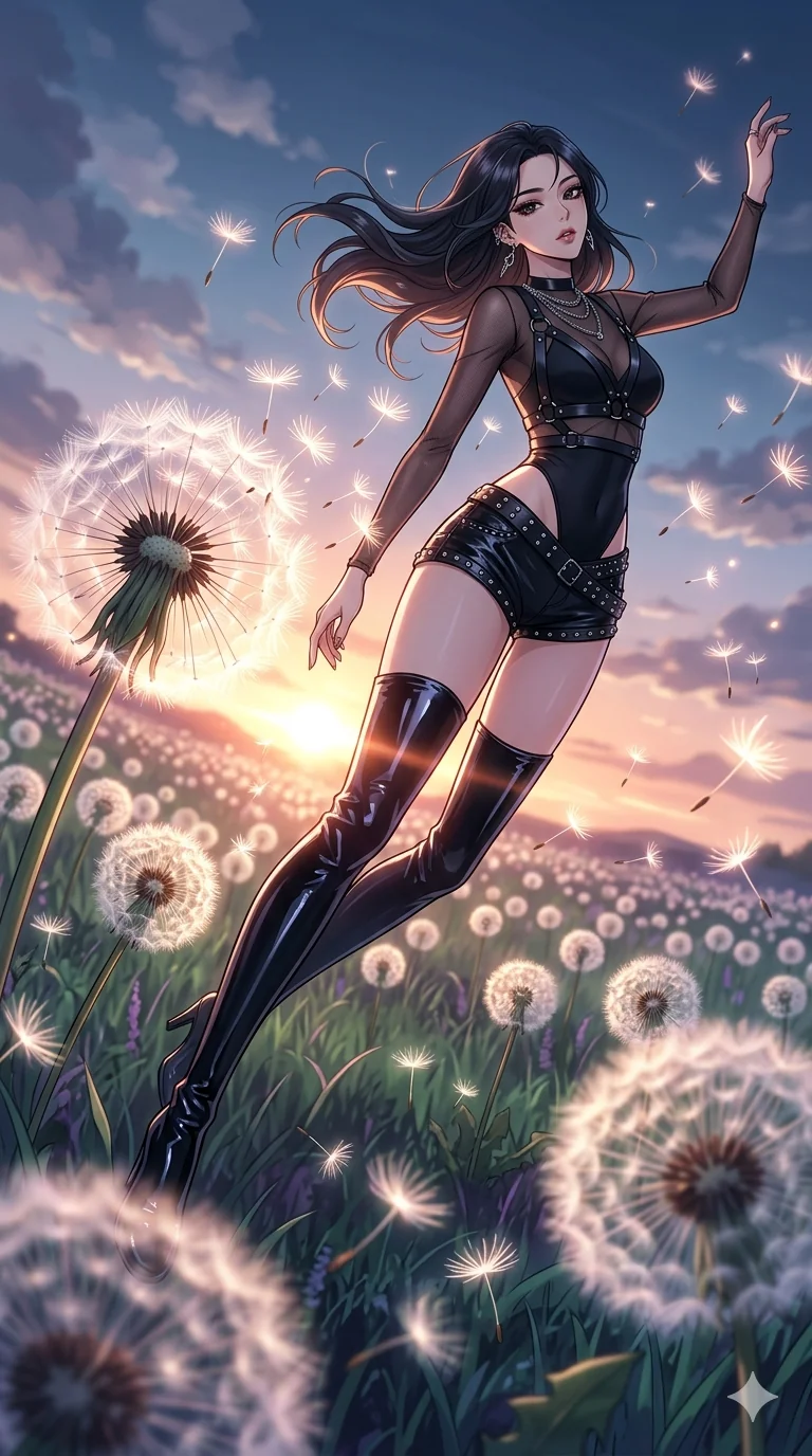 score_9, masterpiece, best quality, ultra-detailed, high-budget anime movie keyframe, cinematic anime lighting, intricate line art, Korean anime girl. Dynamic full-body shot stretching the vertical silhouette with extreme perspective. twisting through a field of giant dandelions, their seeds floating away. She has an absolutely perfect 8-heads proportion, an exceptionally tall and slender female figure with an ultra-slim waist and impossibly long slender legs. strictly human anatomy, two legs only, no extra limbs, clearly defined legs and arms, perfect anatomy, perfect hands and fingers. sharp v-shaped jawline, high-bridge nose, intricate jewel-like eyes, thick eyelashes, glossy lips. Wearing K-Idol Stage: Leather harness over mesh, high-cut bodysuit, studded micro-shorts, and thigh-high patent boots. The scene is illuminated by dramatic atmospheric lighting and vibrant color palettes. , 2k, ultra detail, master piece, 9:16 ratio