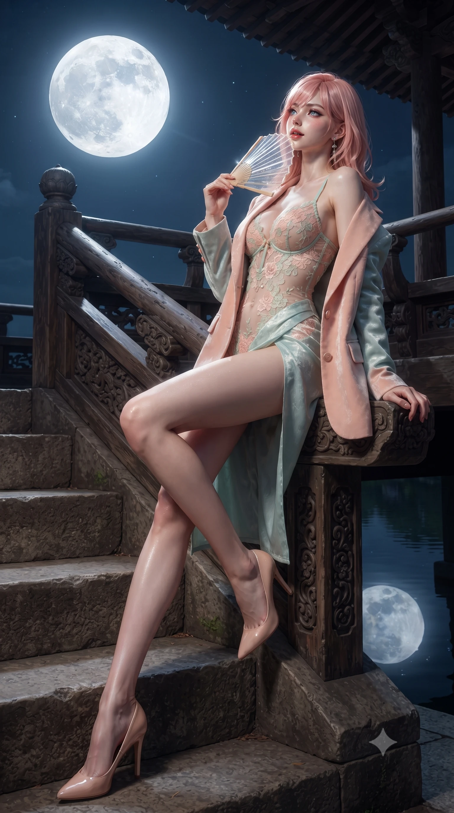 score_9, masterpiece, best quality, ultra-detailed, high-budget anime keyframe, editorial fashion photography, tasteful artistic composition, Japanese woman. low angle full-body shot from head to toe showing her feet, filling the entire 9:16 vertical frame with her statuesque presence, stretching her vertical silhouette. sitting poised on the stone steps with one knee bent, arching her spine with supermodel elegance as she glances upward through thick eyelashes while leaning against the carved wooden pavilion balustrade with hips cocked back, looking over a bare shoulder toward the luminous harvest moon mirrored on the water. The surrounding environment is rendered in vivid detail and crisp panoramic clarity: detailed embroidered silk norigae weave, moonlight glints on skin, and historic royal pavilion architecture in razor-sharp precision. She has an absolutely perfect, statuesque 8.5-heads proportion, an exceptionally tall and slender model-like female figure with impossibly long slender legs, an ultra-slim waist, a flat toned midriff, narrow delicate ribcage, and beautifully sculpted feminine hips creating a graceful, slim hourglass silhouette without any bulky heaviness. sharp v-shaped jawline, high-bridge nose, sparkling eyes with hypnotic seductive depth, thick curled eyelashes, glossy parted lips with a natural dewy peach sheen, alluring bedroom-eyes with an enchanting coquettish smile, exuding magnetic siren charisma and sophisticated glamour, flawlessly proportioned anatomical accuracy, strict slender model proportions, natural body alignment, perfectly sculpted long slender limbs, ultra-slim waistline, clean dynamic posture without body distortion. wearing a delicate sheer floral lace teddy layered under an open tailored oversized blazer draped casually over bare shoulders in pastel peach blossom and celadon porcelain blue, tailored from ultra-plush velvet with rich tactile depth and deep shadow gradients, finished with a transparent silk folding fan held gracefully near her glossy parted lips, the high-slit wrap tailoring accentuating her ultra-slim waistline and the enchanting curve of her feminine hips with alluring seductive charm. bathed in pure silver moonlight cascading directly from the harvest full moon above. ultra-reflective glossy finish, specular highlights, rich textural contrasts, high-contrast stereoscopic depth, volumetric dynamic lighting, 2k, ultra detail, master piece, 9:16 ratio