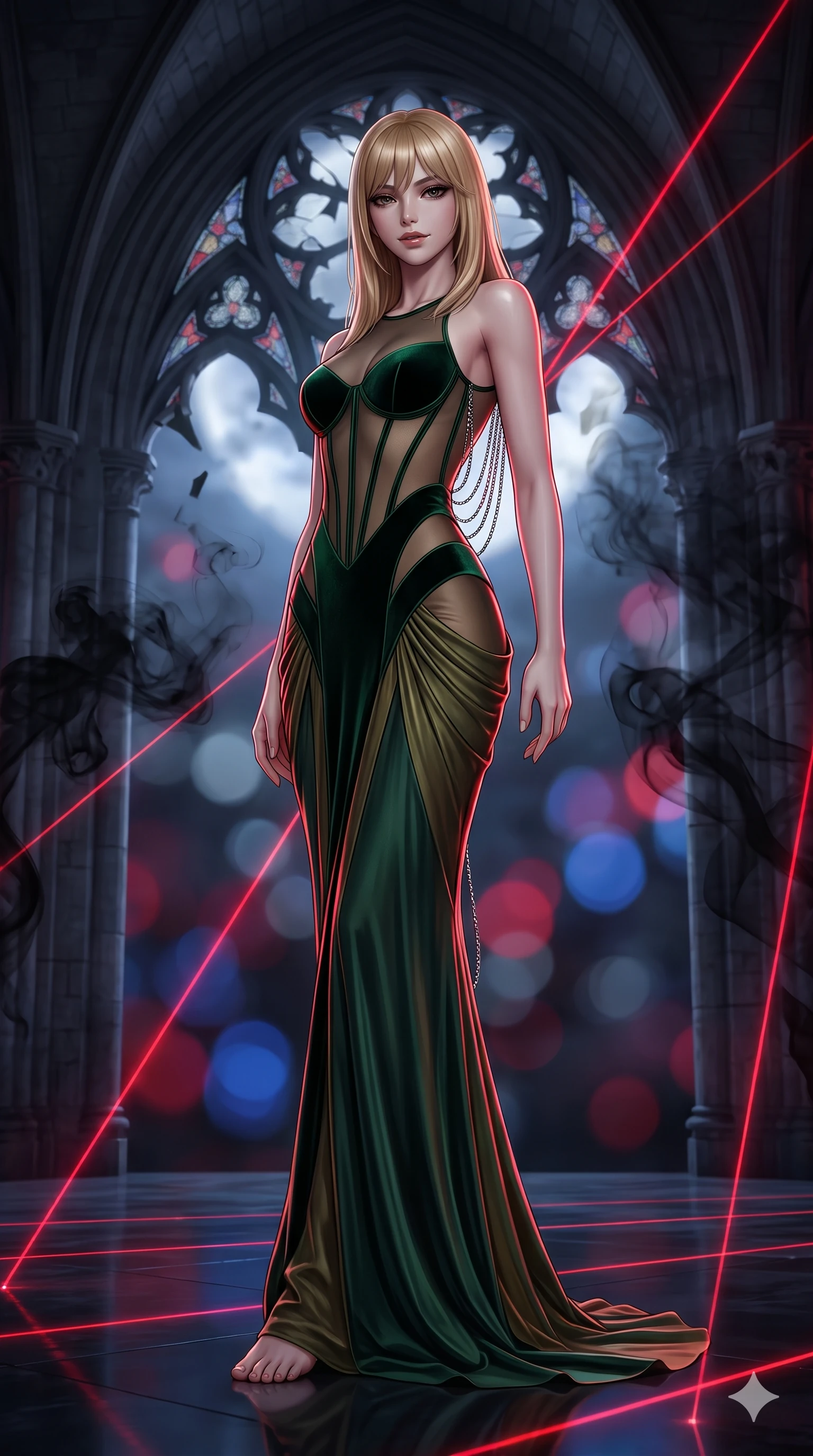 score_9, masterpiece, best quality, ultra-detailed, high-budget anime keyframe, semi-realistic 3D game render, editorial fashion photography, tasteful artistic composition, Japanese woman. low angle full-body shot from head to toe showing her feet, filling the entire 9:16 vertical frame with her statuesque presence, stretching her vertical silhouette. poised on the dark reflective floor while laser grids scan the room, her statuesque silhouette commanding the frame while twisting her slender torso in an alluring contrapposto stance beneath the vaulted stone arches, moonlight and crimson laser rays tracing her curves. The background shows a soft-focus soaring gothic rib vaults, shattered stained-glass tracery, and drifting black incense smoke plumes blurred into crimson, cobalt, and slate bokeh. She has an absolutely perfect, statuesque 8.5-heads proportion, an exceptionally tall and slender model-like female figure with impossibly long slender legs, an ultra-slim waist, a flat toned midriff, narrow delicate ribcage, and beautifully sculpted feminine hips creating a graceful, slim hourglass silhouette without any bulky heaviness. sharp v-shaped jawline, high-bridge nose, intricate jewel-like dark sparkling eyes with hypnotic seductive depth, thick curled eyelashes, glossy parted lips with a natural wine sheen, alluring bedroom-eyes with an enigmatic smoldering smile, exuding magnetic sovereign charisma and dark avant-garde glamour, flawlessly proportioned anatomical accuracy, strict slender model proportions, natural body alignment, perfectly sculpted long slender limbs, ultra-slim waistline, clean dynamic posture without body distortion. wearing a sheer-illusion mesh corset gown with strategic opaque velvet panels framing her waist and hips in deep velvet forest green and antique brass, made of fluid liquid jersey with seamless sculpting hold and smooth contours, accented with an open-back drape framed by falling strands of delicate chrome chains, the form-fitting cut adhering flawlessly to her sculpted flat midriff and slender torso, emphasizing her long leg lines and perfectly proportioned willowy build. bathed in sharp crimson laser rim light piercing cold midnight shadows and incense smoke. highly saturated vibrant anime colors, detailed shading with soft gradients, rich glossy textures, high-contrast stereoscopic depth, volumetric dynamic lighting, master piece, 9:16 ratio