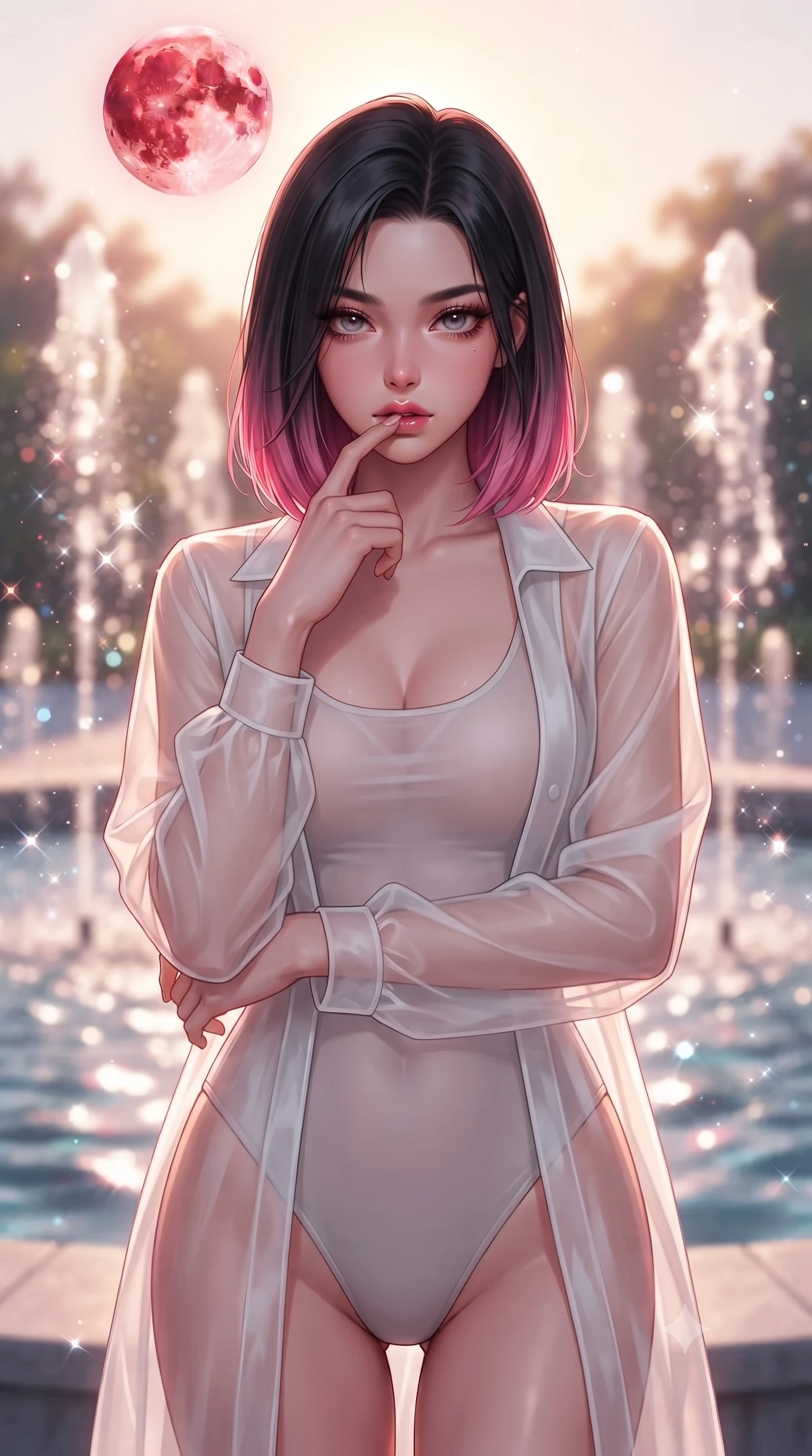 score_9, masterpiece, best quality, ultra-detailed, high-budget anime keyframe, editorial fashion photography, tasteful artistic composition, Korean woman. close-up cowboy shot from the waist and thighs up, the character dominates the composition, filling the frame with her large presence, background elements kept in soft focus. pressing one finger to her bottom lip in a thoughtful, seductive gesture under the warm sun the background shows a soft-focus a celestial fountain plaza with sparkling water jets reflecting a blood moon. She has an exceptionally elegant, slender, and willowy female figure with an ultra-slim waist, a gracefully sculpted slender torso, and a refined silhouette. sharp v-shaped jawline, high-bridge nose, intricate jewel-like eyes with depth, thick eyelashes, glossy lips with a natural sheen. wearing a form-contouring sheer white organza resort cover-up worn over a form-fitting one-piece swimsuit, showing her elegant clavicle lines. deep crimson moonbeams contrasting with cool white water glints. highly saturated vibrant anime colors, detailed shading with soft gradients, rich glossy textures, high-contrast stereoscopic depth, volumetric dynamic lighting, master piece, 9:16 ratio