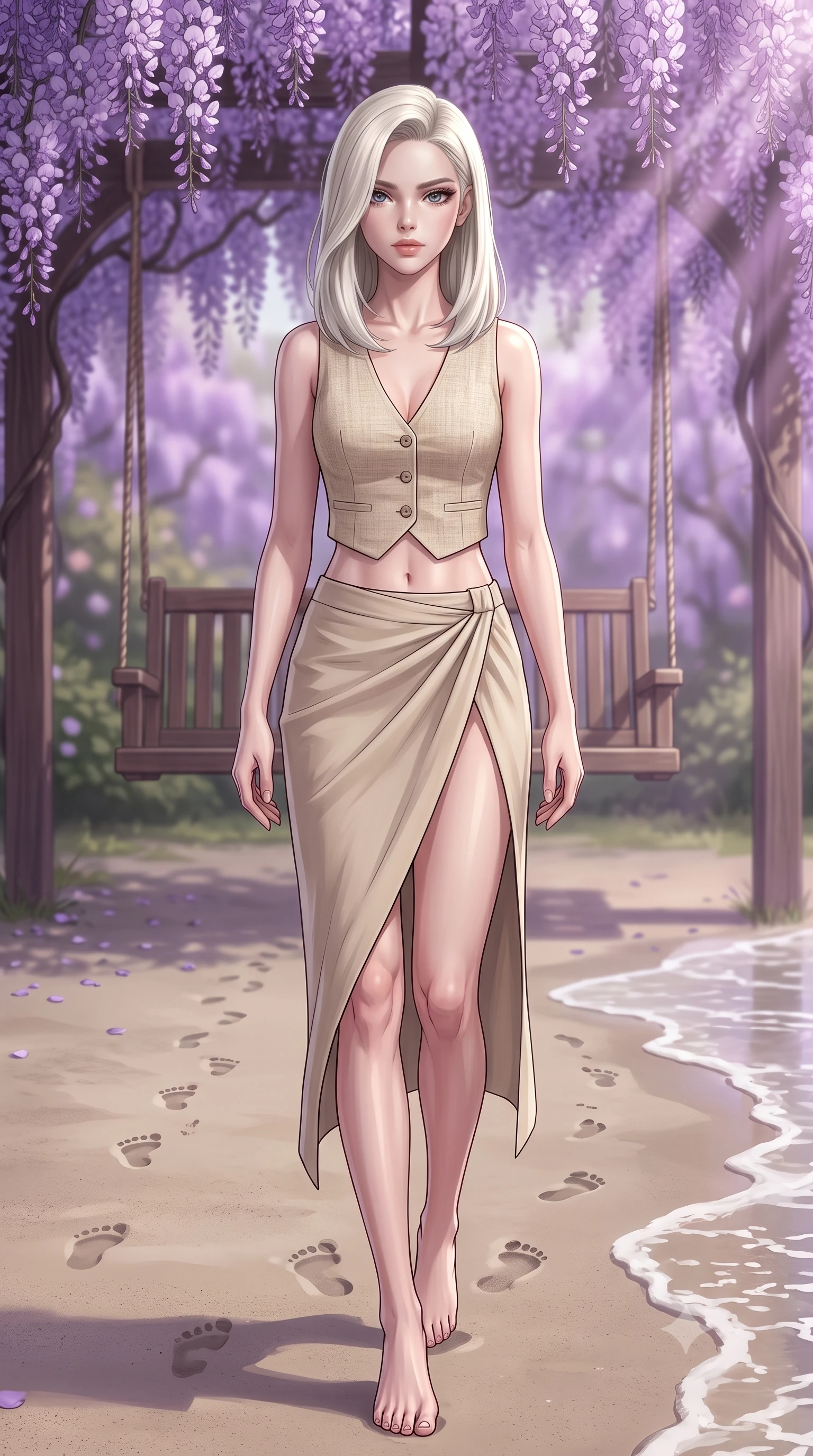 score_9, masterpiece, best quality, ultra-detailed, high-budget anime keyframe, editorial fashion photography, tasteful artistic composition, Caucasian woman woman. low angle full-body shot from head to toe showing her feet, filling the entire 9:16 vertical frame with her statuesque presence, stretching her vertical silhouette. walking slowly along the shoreline, leaving footprints in the wet sand the background shows a soft-focus a wooden swing under a dense canopy of purple wisteria flowers in a quiet garden. She has an absolutely perfect, statuesque 8.5-heads proportion, an exceptionally tall and slender model-like female figure with impossibly long slender legs and an ultra-slim waist. sharp v-shaped jawline, high-bridge nose, intricate jewel-like eyes with depth, thick eyelashes, glossy lips with a natural sheen. wearing a tailored chic crop vest in beige linen paired with a high-slit wrap skirt, showing a subtle midriff. soft violet-tinted sunbeams filtering through the wisteria blossoms. 2k, ultra detail, master piece, 9:16 ratio