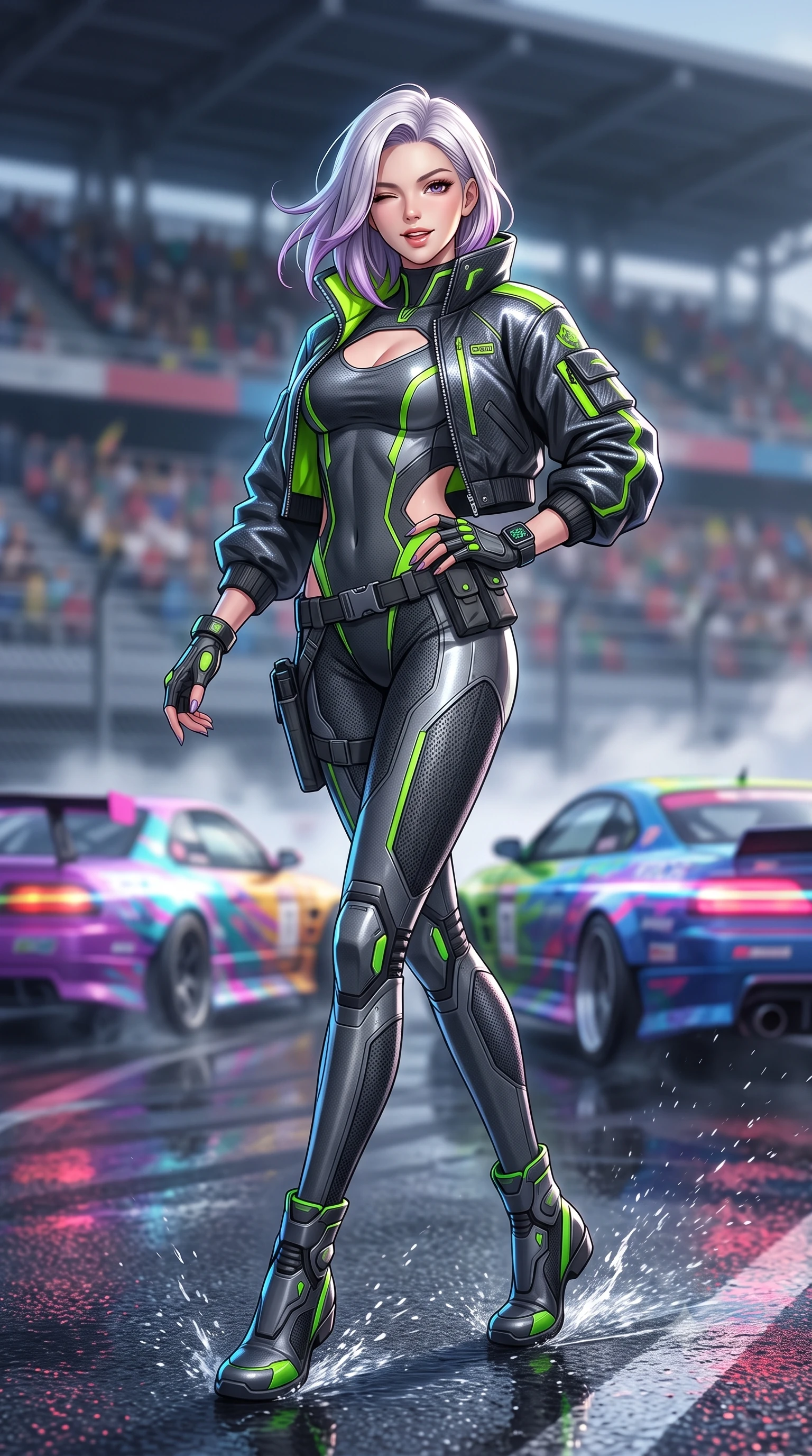 score_9, masterpiece, best quality, ultra-detailed, high-budget anime keyframe, semi-realistic 3D game render, editorial fashion photography, tasteful artistic composition, Caucasian woman. low angle full-body shot from head to toe showing her feet, filling the entire 9:16 vertical frame with her statuesque presence, stretching her vertical silhouette. pivoting dynamically with supreme athletic balance, her impossibly long slender legs and ultra-slim waist creating a mesmerizing vertical line while pivoting sharply with supermodel momentum on the wet tarmac, a playful wink breaking across her radiant face. The composition keeps background elements in soft focus with creamy bokeh. roaring drift cars and grandstand bleachers softened in dynamic shallow depth of field. She has an absolutely perfect, statuesque 8.5-heads proportion, an exceptionally tall and slender model-like female figure with impossibly long slender legs, a toned flat midriff, and an ultra-slim waist. sharp v-shaped jawline, high-bridge nose, intricate jewel-like eyes with depth, thick eyelashes, glossy parted lips with a natural sheen, intensely captivating and seductive expression, flawlessly proportioned anatomical accuracy, strict slender model proportions, natural body alignment, perfectly sculpted long slender limbs, ultra-slim waistline, clean dynamic posture without body distortion. wearing a cutout cyber-racing leotard layered with an oversized neon-accented paddock bomber jacket in dark carbon grey and laser green accents, formed from ultra-sleek carbon-fiber reinforced composite with specular sheen, equipped with a low-slung utility holster and racing telemetry smartwatch, the liquid-tight tailored fabric emphasizing every curve of her tall, slender model proportions and sculptured silhouette. illuminated by crisp directional rim lighting sharply defining her razor-sharp jawline and feminine curves. highly saturated vibrant anime colors, detailed shading with soft gradients, rich glossy textures, high-contrast stereoscopic depth, volumetric dynamic lighting, master piece, 9:16 ratio