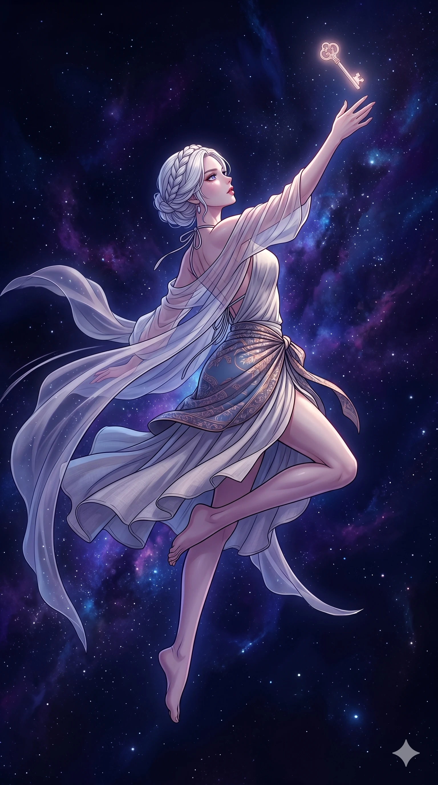 score_9, masterpiece, best quality, ultra-detailed, high-budget anime movie keyframe, cinematic anime lighting, intricate line art, Japanese woman. Mid-air action shot capturing a graceful twist and vertical silhouette. reaching for a key that is floating in a void of silence. She has an absolutely perfect 8-heads proportion, an exceptionally tall and slender female figure with an ultra-slim waist and impossibly long slender legs. strictly human anatomy, two legs only, no extra limbs, clearly defined legs and arms, perfect anatomy, perfect hands and fingers. sharp v-shaped jawline, high-bridge nose, intricate jewel-like eyes, thick eyelashes, glossy lips. Wearing Seasonal/Resort: High-cut one-piece with sarong, linen sundress with tie-back, and sheer fabric wrap. The scene is illuminated by dramatic atmospheric lighting and vibrant color palettes. , 2k, ultra detail, master piece, 9:16 ratio