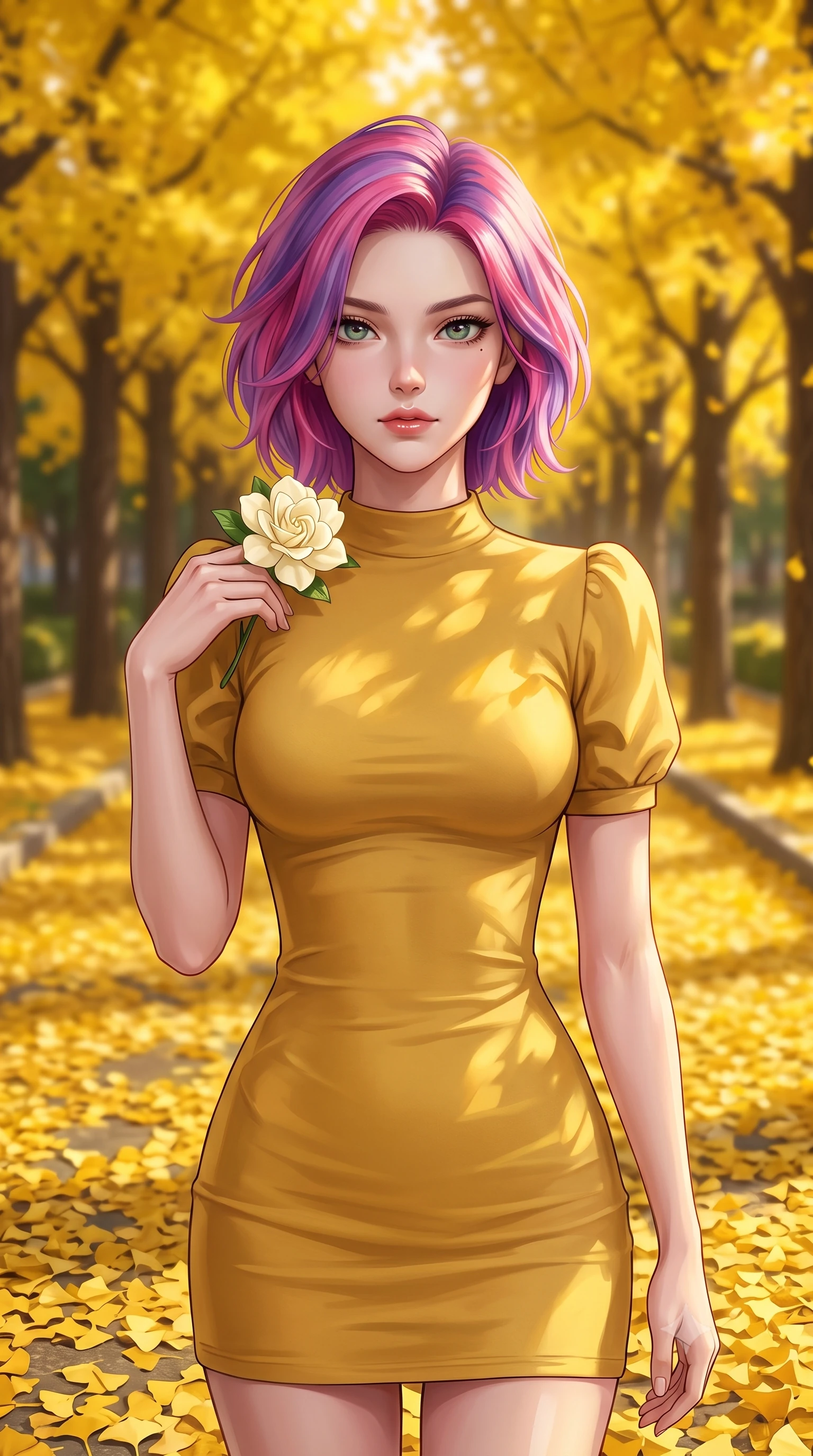 score_9, masterpiece, best quality, ultra-detailed, high-budget anime keyframe, editorial fashion photography, tasteful artistic composition, Caucasian woman woman. close-up cowboy shot from the waist and thighs up, the character dominates the composition, filling the frame with her large presence, background elements kept in soft focus. gazing directly at the viewer with a calm and welcoming expression, holding a fresh flower the background shows a soft-focus a park pathway covered in a golden carpet of fallen ginkgo leaves under yellow ginkgo trees. She has an exceptionally elegant, slender, and willowy female figure with an ultra-slim waist, a gracefully sculpted slender torso, and a refined silhouette. sharp v-shaped jawline, high-bridge nose, intricate jewel-like eyes with depth, thick eyelashes, glossy lips with a natural sheen. wearing a form-contouring mustard yellow cotton sundress with a modest high neckline and short puff sleeves. warm golden light reflecting off the yellow leaves onto her outfit. 2k, ultra detail, master piece, 9:16 ratio
