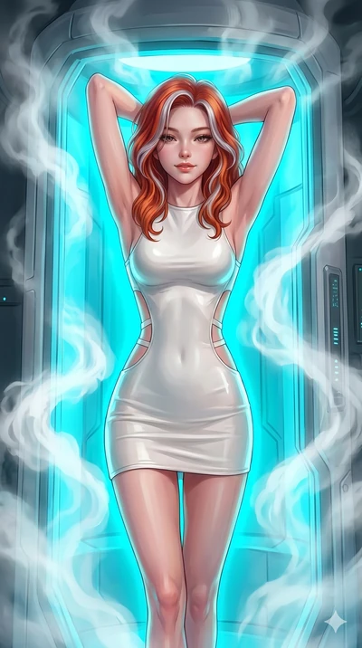 score_9, masterpiece, best quality, ultra-detailed, high-budget anime keyframe, Caucasian woman, strictly human ears. Upper body close-up from the thighs up, character filling the screen for maximum presence. She is stepping out of a glowing cryo-cha