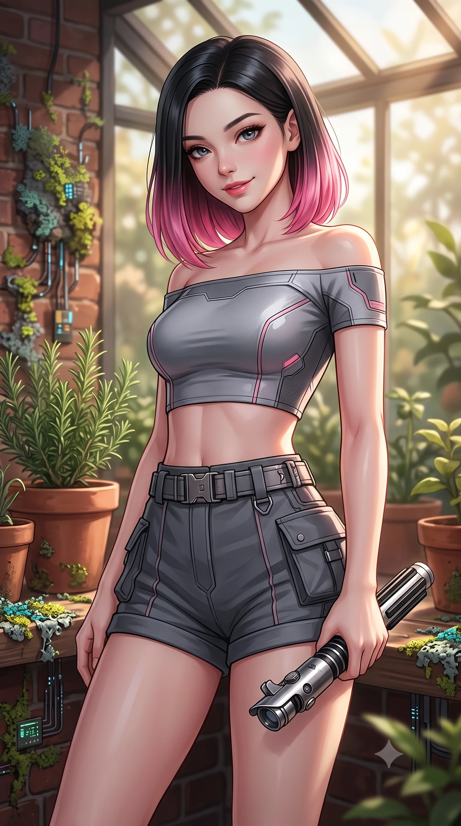 score_9, masterpiece, best quality, ultra-detailed, high-budget anime keyframe, editorial fashion photography, tasteful artistic composition, Korean woman. close-up cowboy shot from the waist and thighs up, the character dominates the composition, filling the frame with her large presence, background elements kept in soft focus. leaning slightly forward with a playful, teasing smile while holding a deactivated plasma saber hilt, the background shows a soft-focus a cozy garden greenhouse, surrounded by terracotta pots, rosemary, and cyber-lichens. She has an exceptionally elegant, slender, and willowy female figure with an ultra-slim waist, a gracefully sculpted slender torso, and a refined silhouette. sharp v-shaped jawline, high-bridge nose, intricate jewel-like eyes with depth, thick eyelashes, glossy lips with a natural sheen. wearing a slim-fit chic off-shoulder carbon-plate crop top, paired with high-waisted utility micro-shorts. warm, diffused daylight creating a quiet and productive mood. highly saturated vibrant anime colors, detailed shading with soft gradients, rich glossy textures, high-contrast stereoscopic depth, volumetric dynamic lighting, master piece, 9:16 ratio