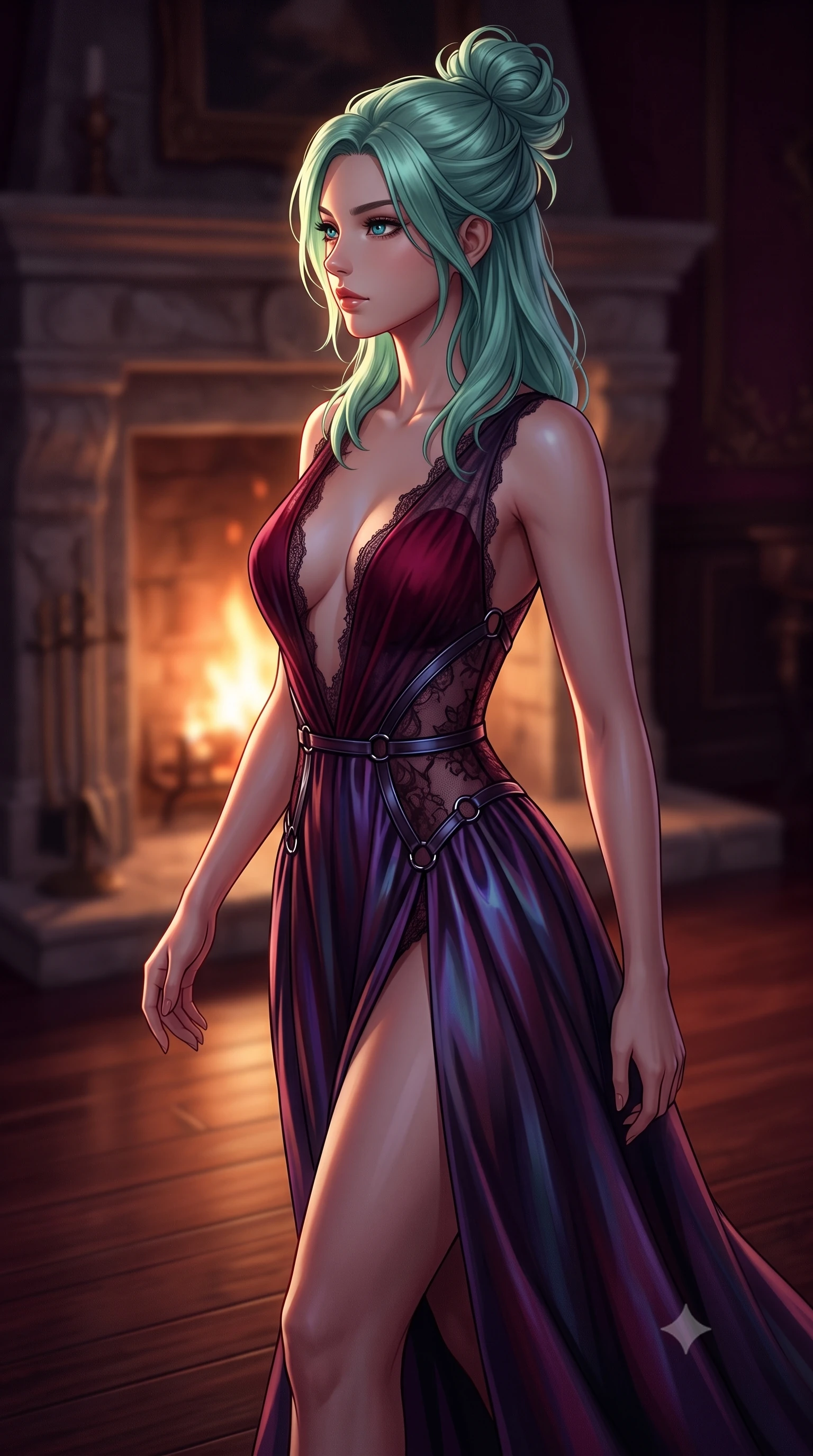 score_9, masterpiece, best quality, ultra-detailed, high-budget anime keyframe, editorial fashion photography, tasteful artistic composition, Japanese woman. close-up cowboy shot from the waist and thighs up, the character dominates the composition, filling the frame with her large presence, background elements kept in soft focus. Turning her face in sharp dramatic profile against the key light, walking across a polished dark wood floor wrapped in deep burgundy shadows, dramatic chiaroscuro contrast between hot fireglow and cold room shadows. She has an exceptionally elegant, slender, and willowy female figure with an ultra-slim waist, a gracefully sculpted slender torso, and a refined silhouette. sharp v-shaped jawline, high-bridge nose, intricate jewel-like eyes with depth, thick eyelashes, glossy lips with a natural sheen. wearing gothic nebula sheer dark lace gown with plunging neckline in deep crimson burgundy, made of iridescent dark violet taffeta, trimmed with dark chrome ring hardware along the waist contours, contouring every curve with an exceptionally elegant silhouette. illuminated by warm orange firelight radiating from the stone hearth. highly saturated vibrant anime colors, detailed shading with soft gradients, rich glossy textures, high-contrast stereoscopic depth, volumetric dynamic lighting, master piece, 9:16 ratio