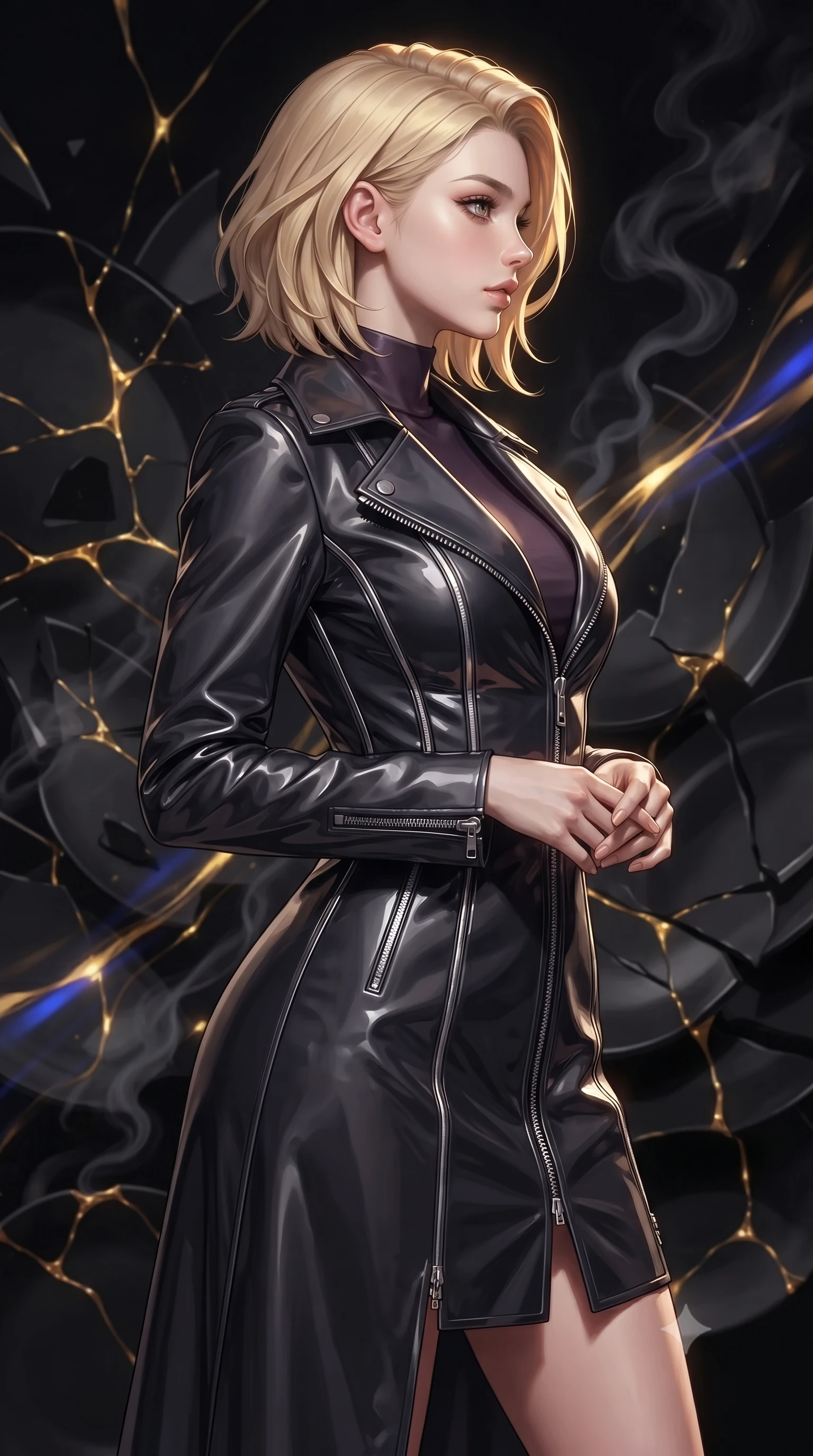 score_9, masterpiece, best quality, ultra-detailed, high-budget anime keyframe, editorial fashion photography, tasteful artistic composition, Caucasian woman. close-up cowboy shot from the waist and thighs up, the character dominates the composition, filling the frame with her large presence, background elements kept in soft focus. Turning her face in sharp dramatic profile against the moody key light, guiding glowing gold liquid veins hovering between shattered black ceramic plates, dark smoke trails weaving between gold and cobalt light streams. She has an exceptionally elegant, slender, and willowy female figure with an ultra-slim waist, a gracefully sculpted slender torso, and a refined silhouette. sharp v-shaped jawline, high-bridge nose, intricate jewel-like eyes with depth, thick eyelashes, glossy lips with a natural sheen. wearing structured dark charcoal trench dress over sleek high-neck top in dark plum violet, made of high-gloss liquid vinyl, finished with metallic silver boning and sleek zipper points, accentuating her gracefully sculpted slender torso. lit by sharp golden key light emerging from deep obsidian workshop shadows. highly saturated vibrant anime colors, detailed shading with soft gradients, rich glossy textures, high-contrast stereoscopic depth, volumetric dynamic lighting, master piece, 9:16 ratio