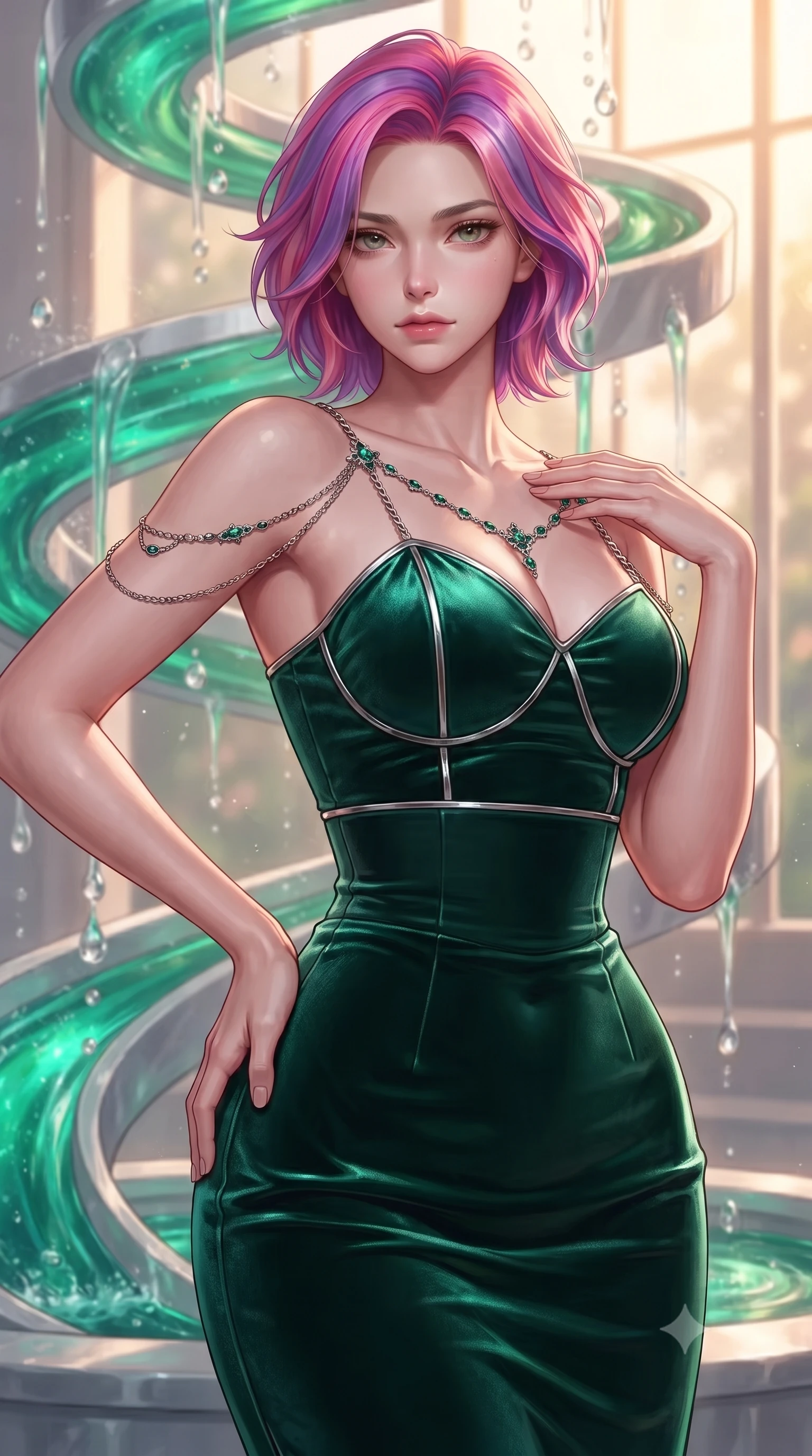 score_9, masterpiece, best quality, ultra-detailed, high-budget anime keyframe, editorial fashion photography, tasteful artistic composition, Caucasian woman. close-up cowboy shot from the waist and thighs up, the character dominates the composition, filling the frame with her large presence, background elements kept in soft focus. Leaning slightly forward with a composed, seductive gaze under soft glowing light standing by a hydro-flow spiral fountain flowing with bioluminescent emerald sap, translucent water droplets cascading down platinum fountains. She has an exceptionally elegant, slender, and willowy female figure with an ultra-slim waist, a gracefully sculpted slender torso, and a refined silhouette. sharp v-shaped jawline, high-bridge nose, intricate jewel-like eyes with depth, thick eyelashes, glossy lips with a natural sheen. wearing a modern fusion silk hanbok dress with a structured bodice in deep emerald green and silver accent, made of premium stretch velvet with a rich sheen, adorned with delicate metallic chain straps along the neckline, the tailored fabric tightly following every curve of her athletic build. lit by warm golden-hour rays cascading through crystalline glass panes. highly saturated vibrant anime colors, detailed shading with soft gradients, rich glossy textures, high-contrast stereoscopic depth, volumetric dynamic lighting, master piece, 9:16 ratio