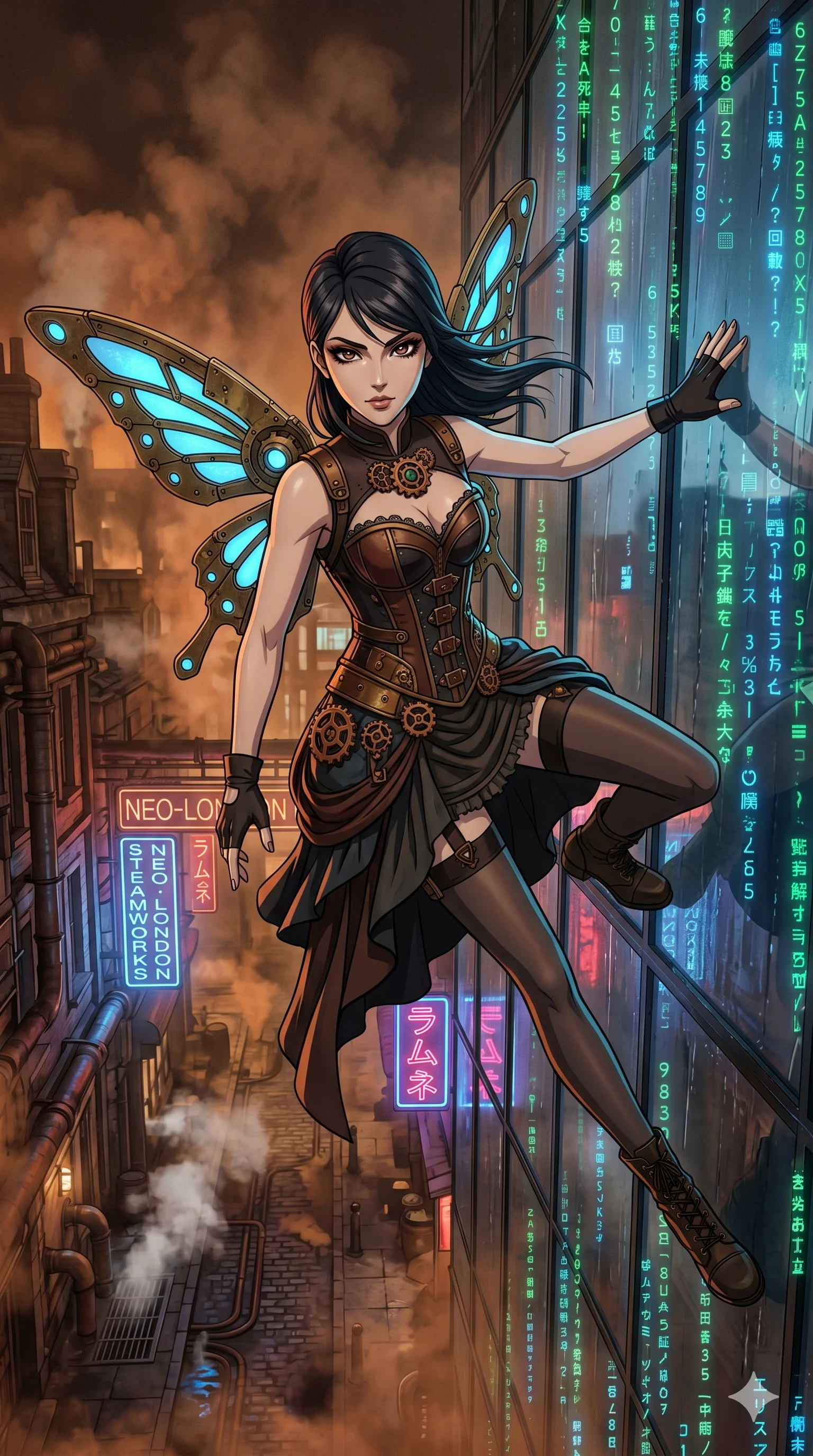 score_9, masterpiece, best quality, ultra-detailed, Set A: High-budget Anime Keyframe, Japanese woman. Upper body close-up from the thighs up, character filling the screen for maximum presence. Theme: Urban Decay. sliding down a glass skyscraper in a steampunk London alleyway, as a digital rain of 67 symbols washes over her. The atmosphere is filled with heavy smog with neon flares. She has an absolutely perfect 8-heads proportion, an exceptionally tall and slender female figure with impossibly long slender legs and an ultra-slim waist. Sharp v-shaped jawline, high-bridge nose, intricate jewel-like eyes with depth, glossy lips. Wearing Steam-punk corset gown with copper gear ornaments and mechanical butterfly wings. Cinematic lighting, vivid colors, dramatic shadows, 2k, ultra detail, master piece, 9:16 ratio