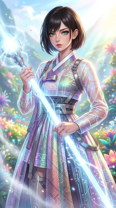 첨부의 캐릭터 얼굴만 유지해, score_9, masterpiece, best quality, ultra-detailed, Set B: Semi-realistic 3D Game Render, Caucasian woman (strictly human ears). Upper body close-up from the thighs up, character filling the screen for maximum presence. Summoning a s